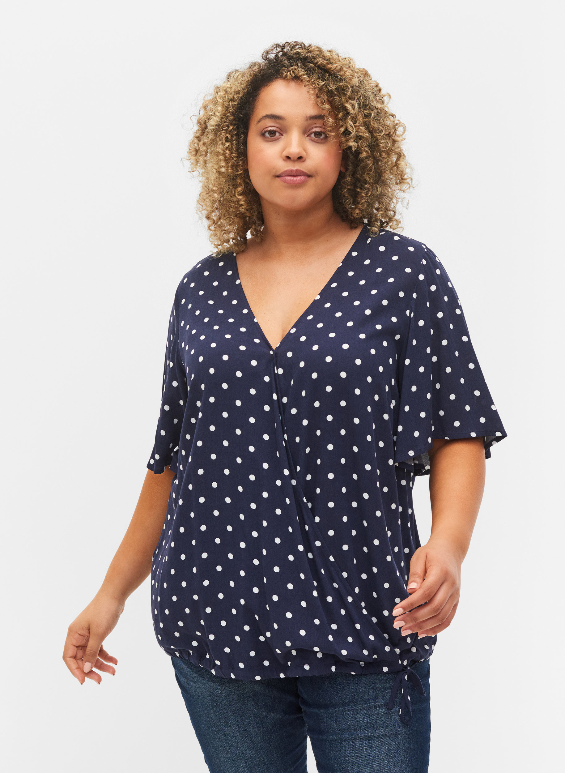 Short-sleeved polka dot wrap blouse 