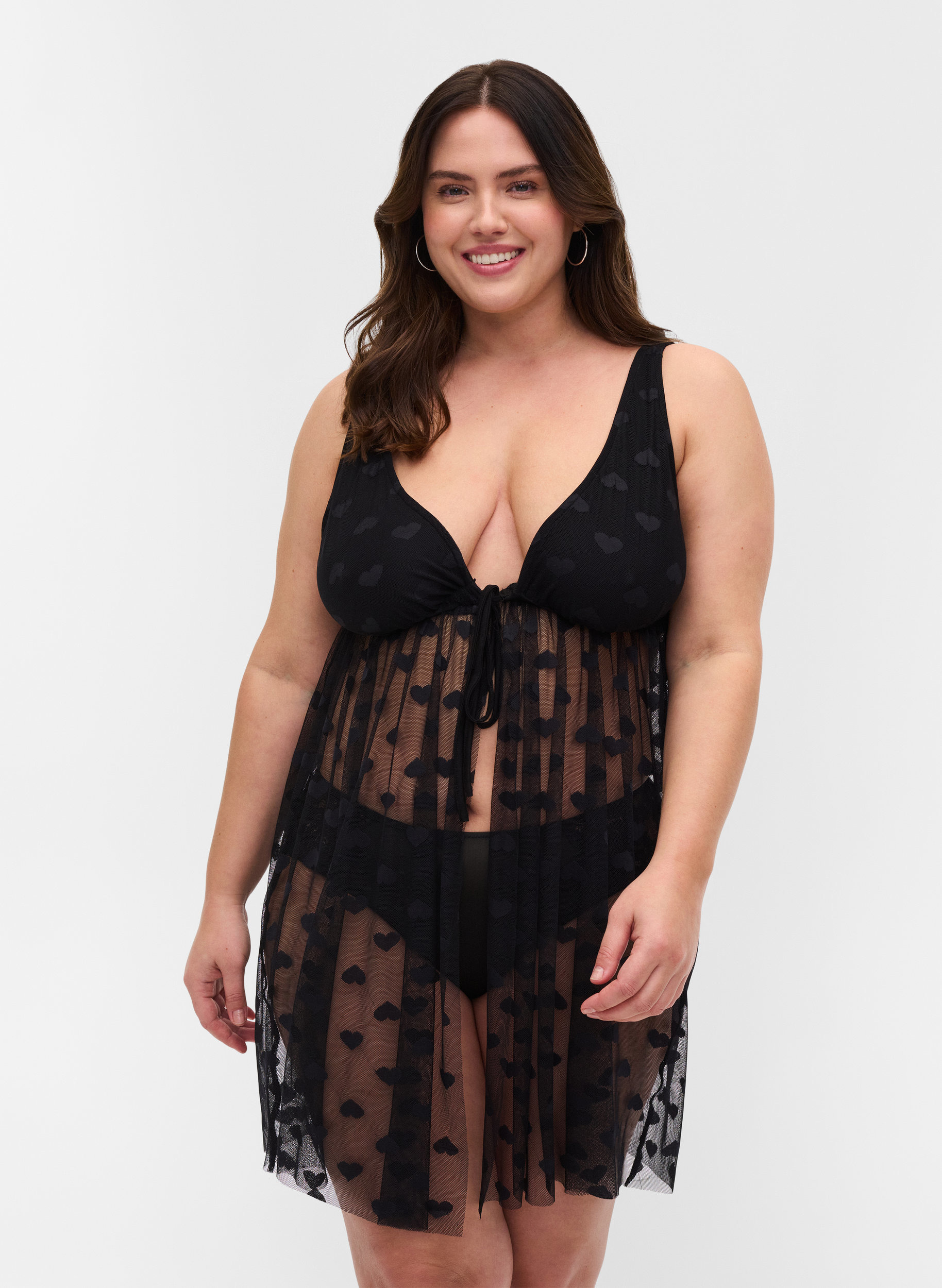 Sheer nightgown with pattern - Black 