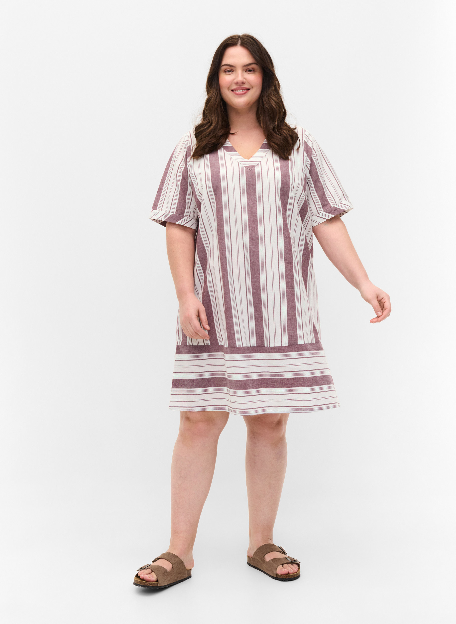 Striped cotton dress with short sleeves, Vineyard Wine Stripe, Model image number 2