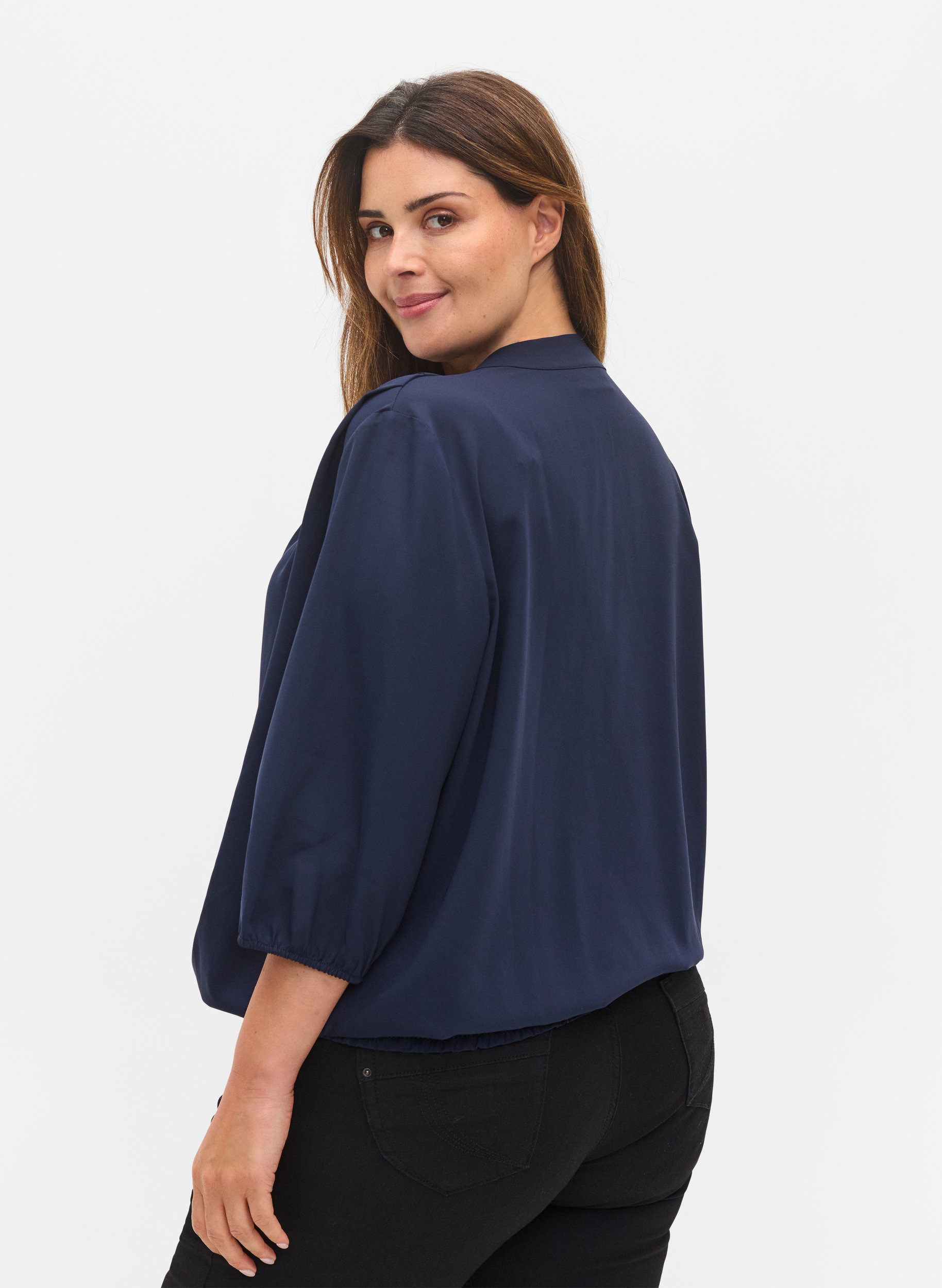 Wrap look blouse with v-neck and 3/4 sleeves, Navy Blazer, Model image number 1