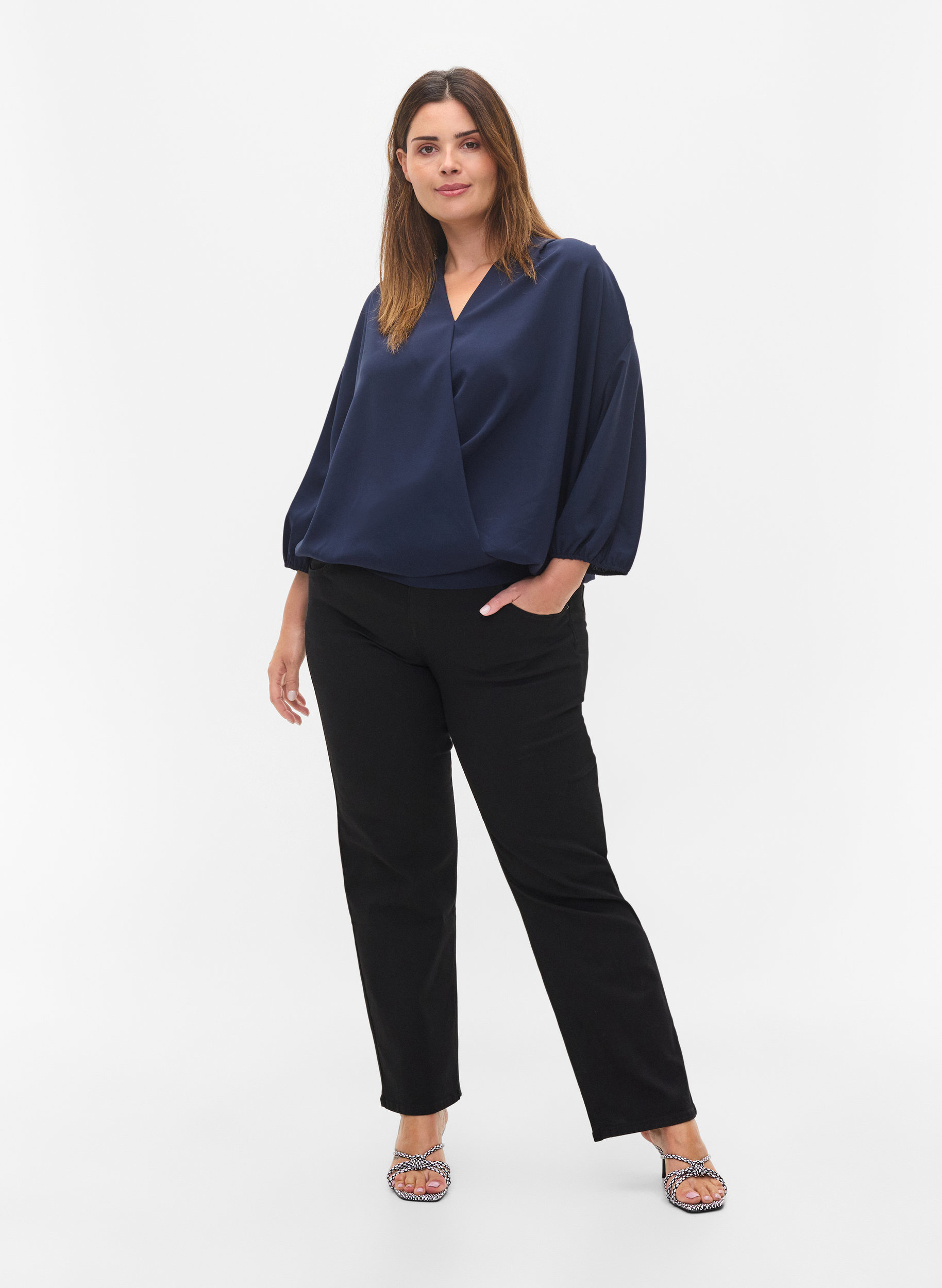 Wrap look blouse with v-neck and 3/4 sleeves, Navy Blazer, Model image number 2