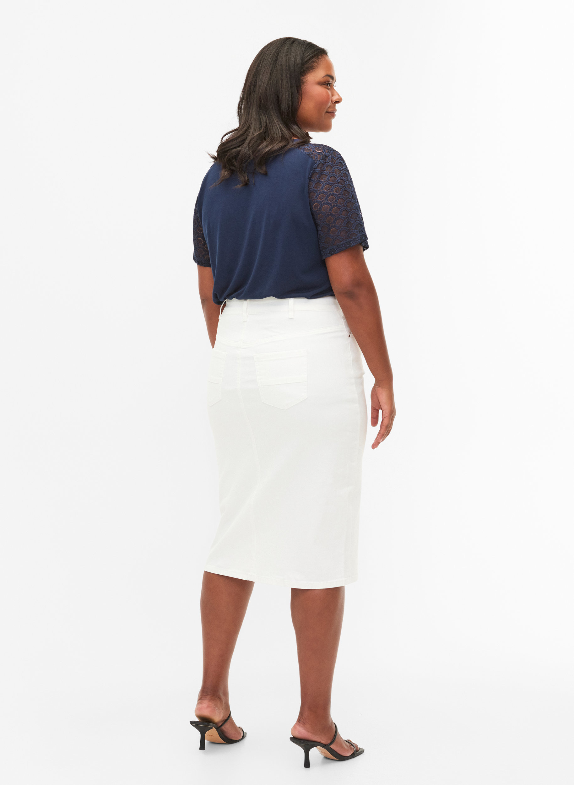 Denim midi skirt with slits, White, Model