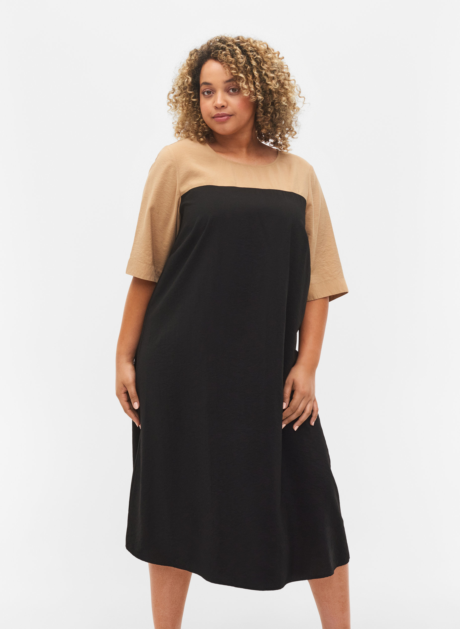 Viscose midi dress with colour-block 