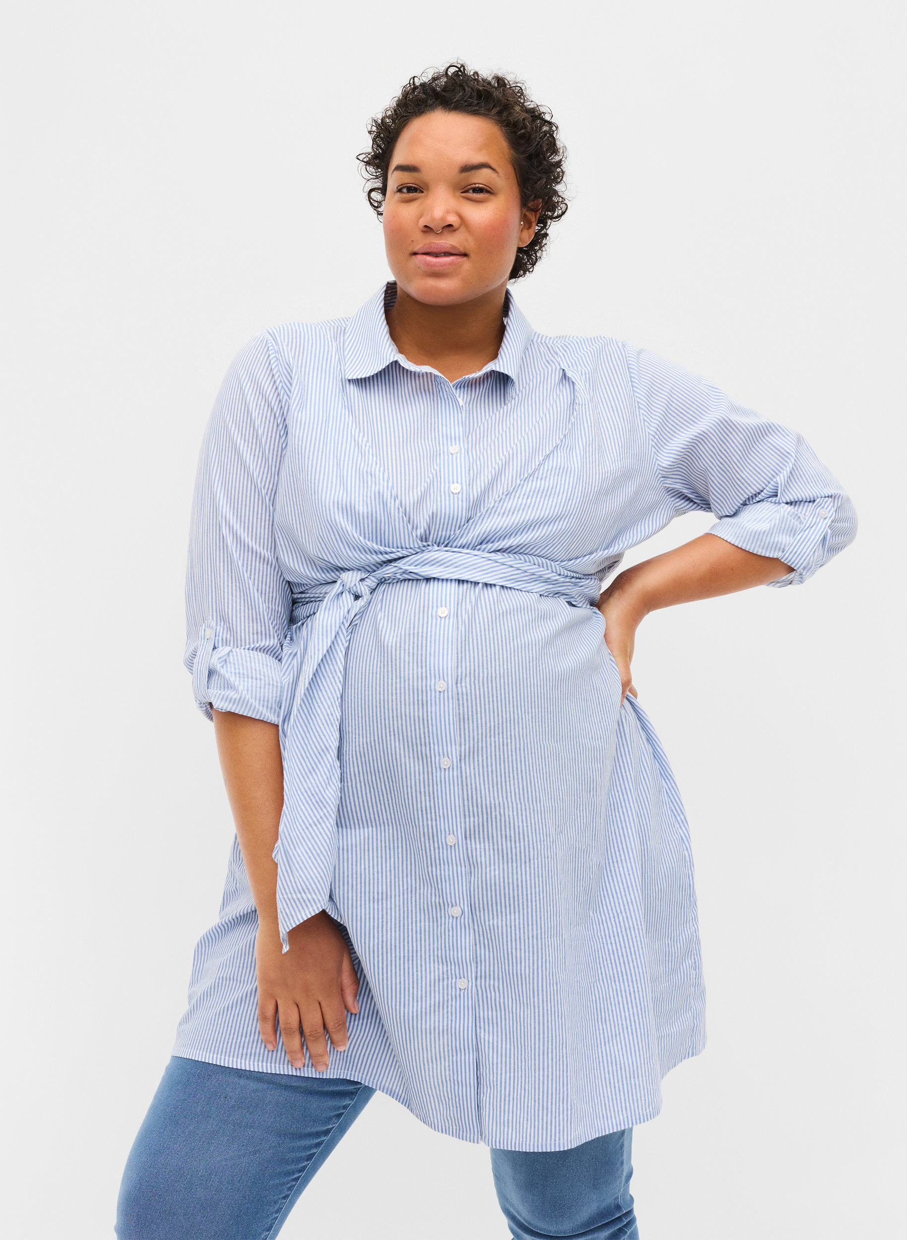 Cotton maternity shirt dress - Blue 