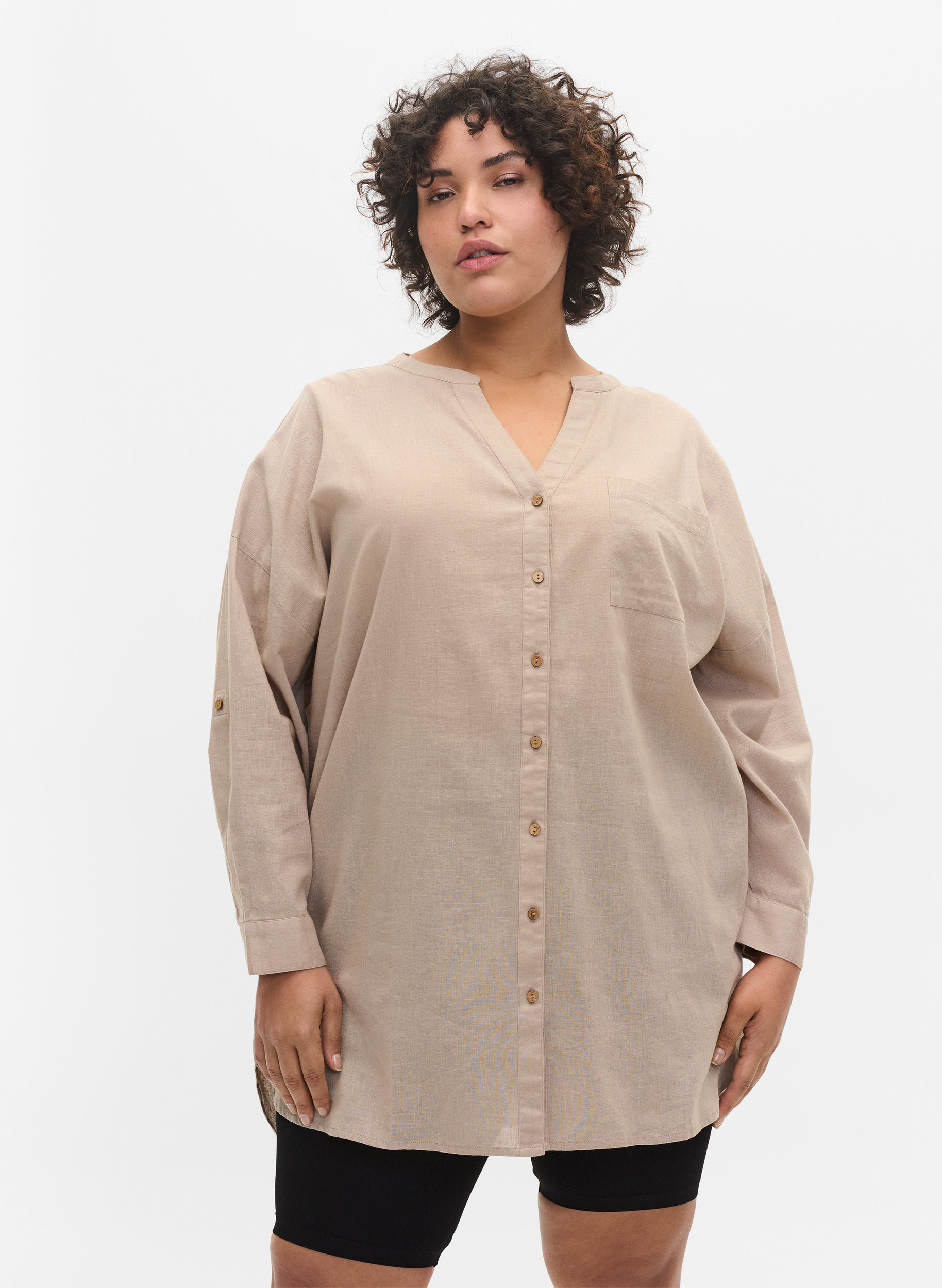Blouse with 3/4-length sleeves and button closure, Simply Taupe, Model