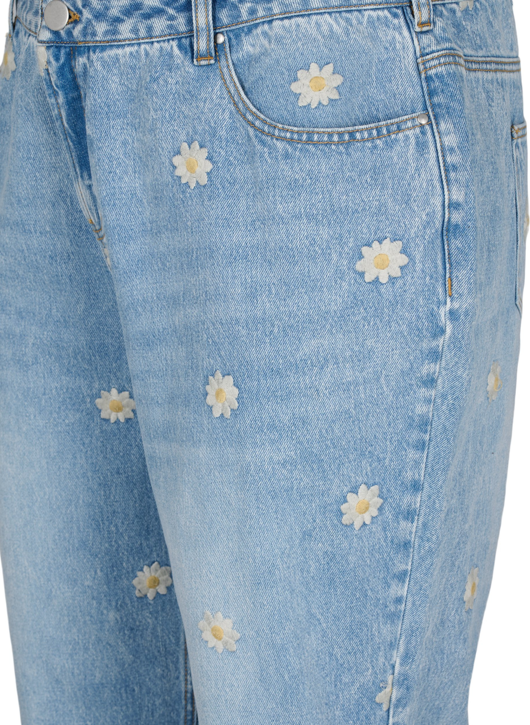 Mille mom fit jeans with floral embroidery, Light Blue w. Flower, Packshot image number 2