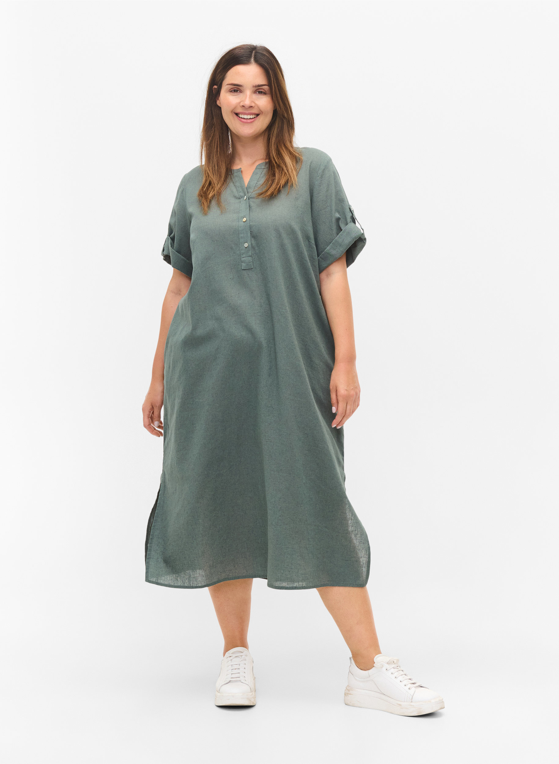 Long short-sleeved shirt dress, Balsam Green, Model image number 2