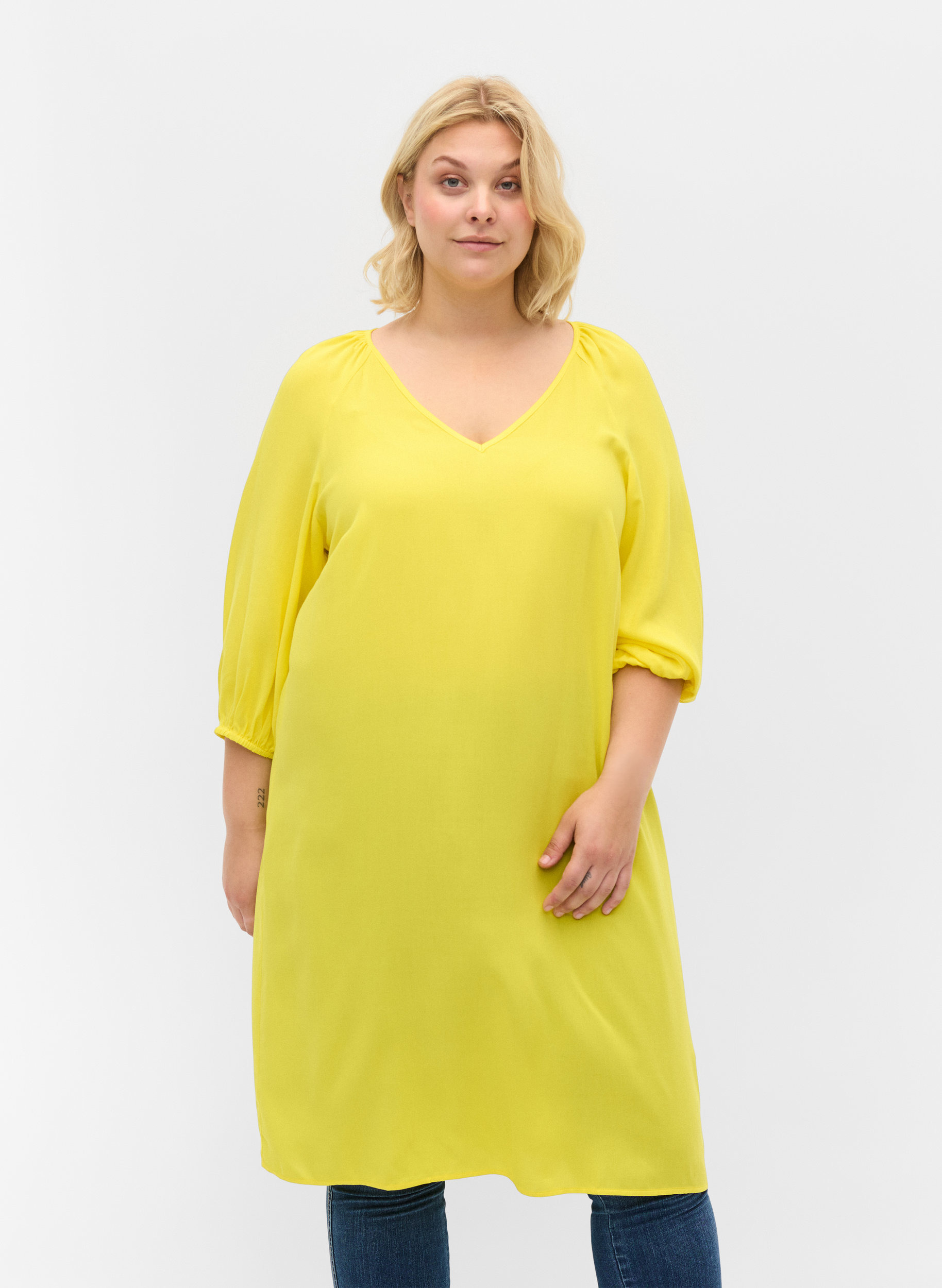 Viscose dress with v-neck - Yellow - Sz 