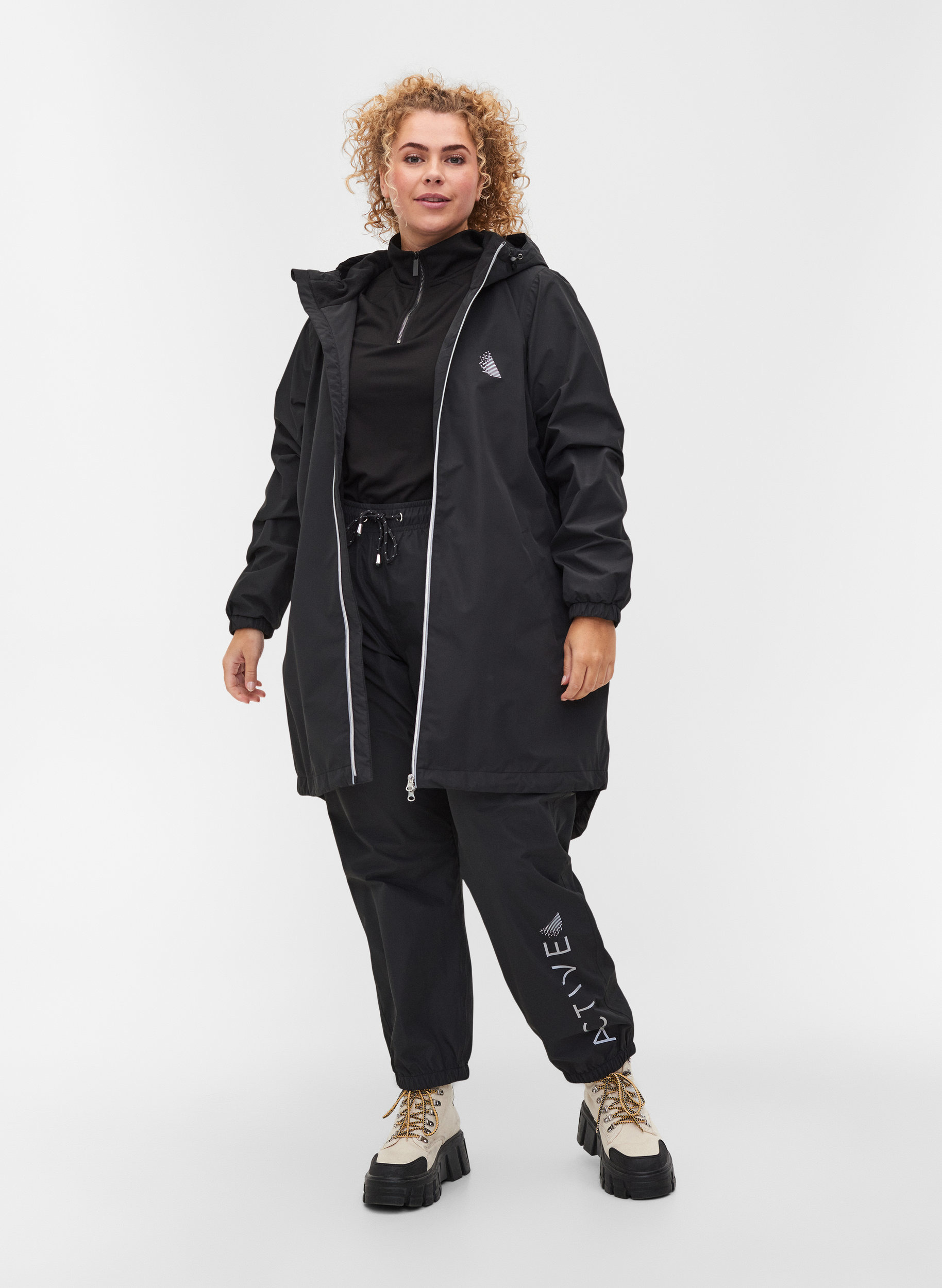 Hooded rain jacket with reflective piping, Black, Model image number 2