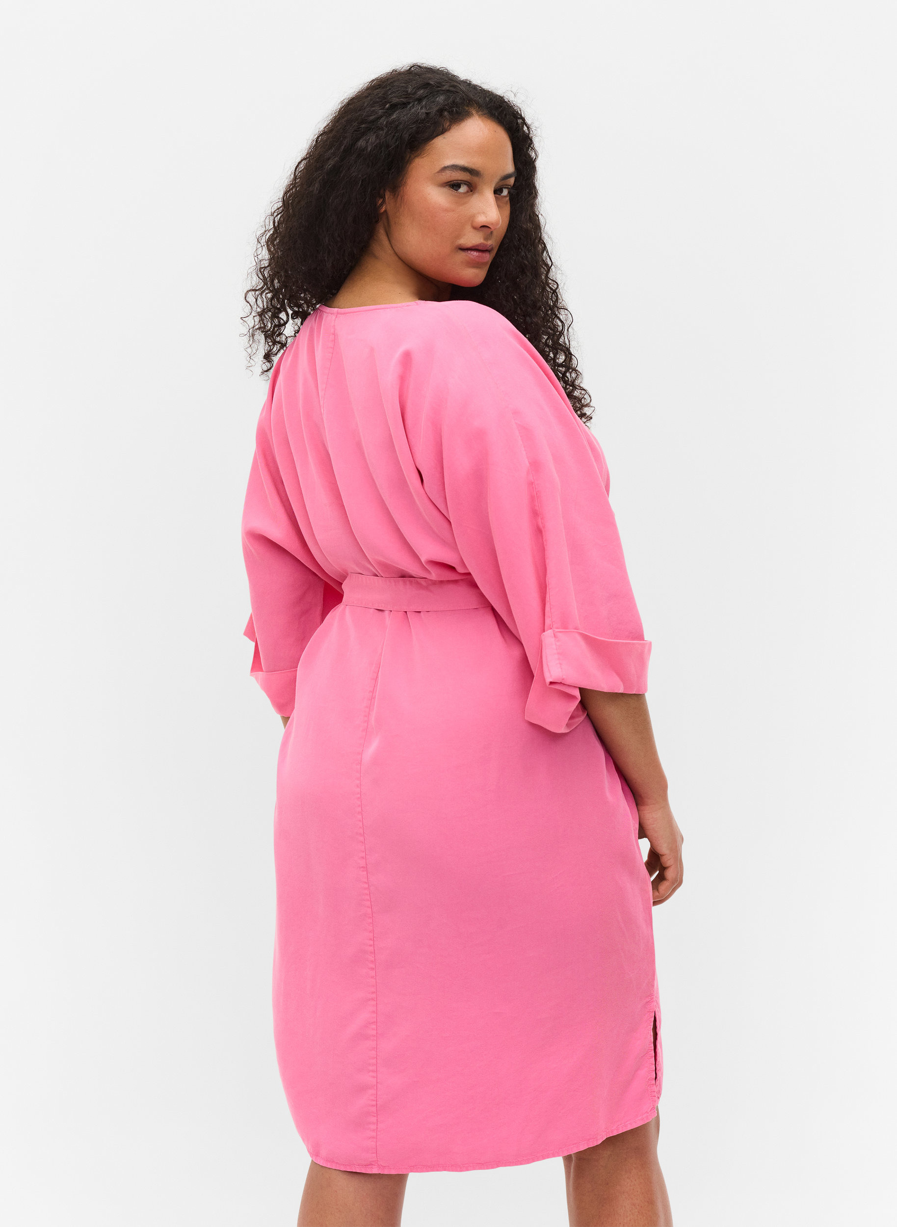 Dress with 3/4 sleeves and tie-belt, Shocking Pink, Model image number 1