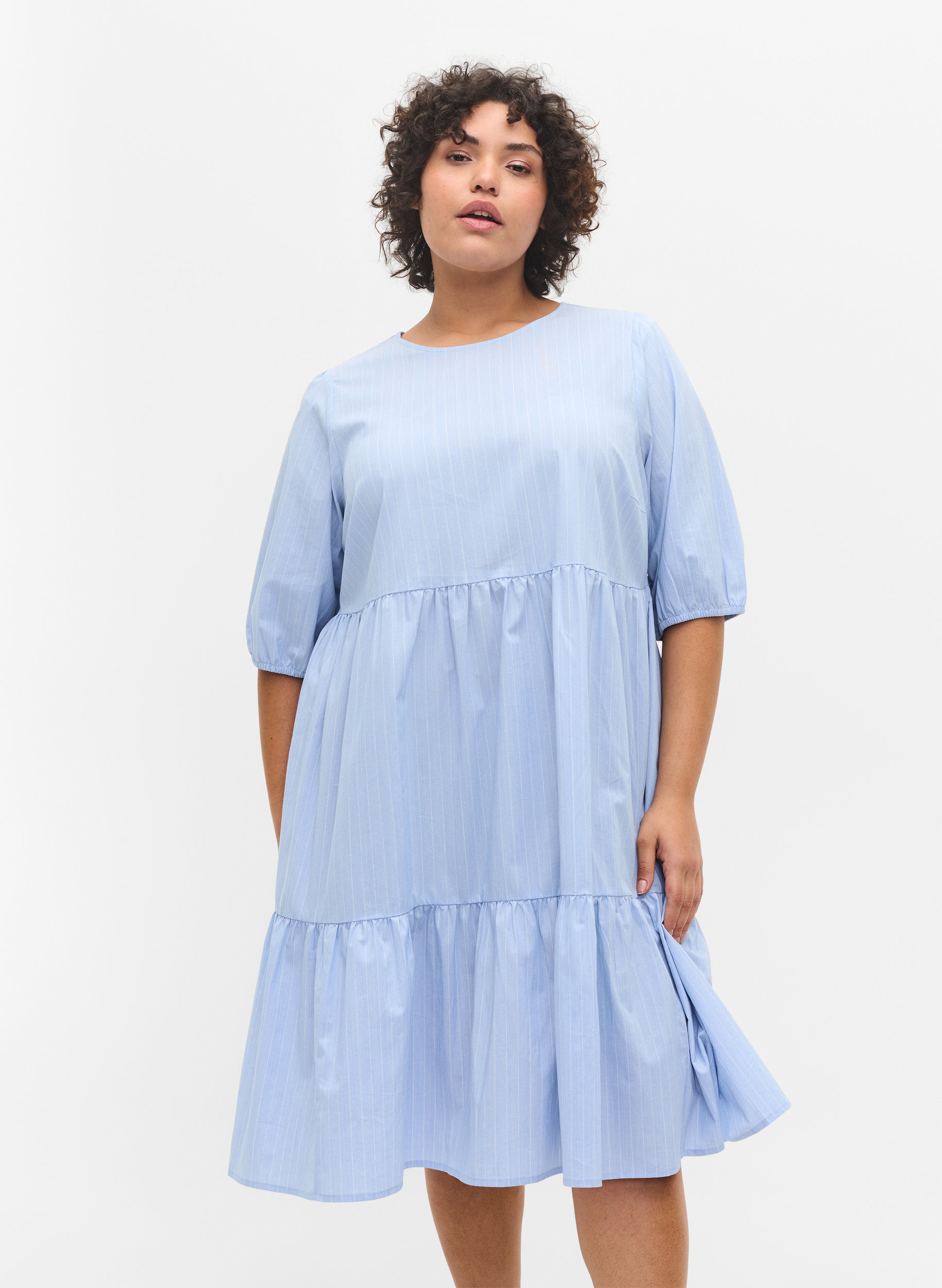 Striped dress with short puff sleeves, Blue As Sample, Model