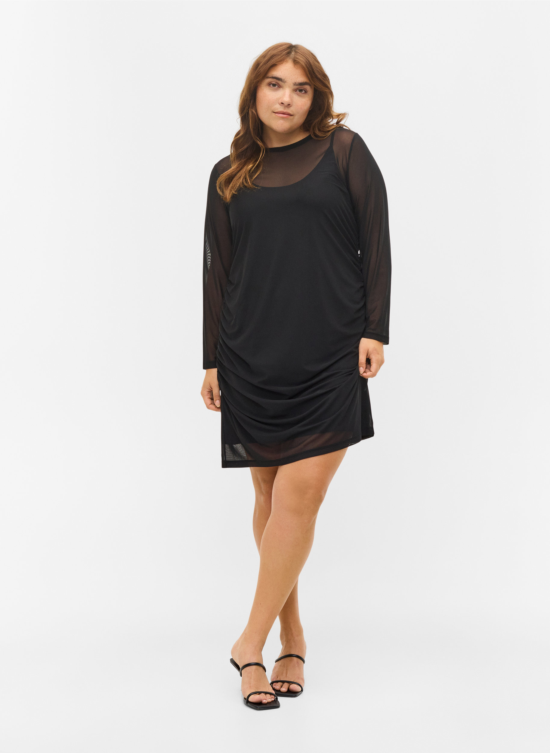 Close-fitting mesh dress with 3/4 sleeves, Black, Model image number 2