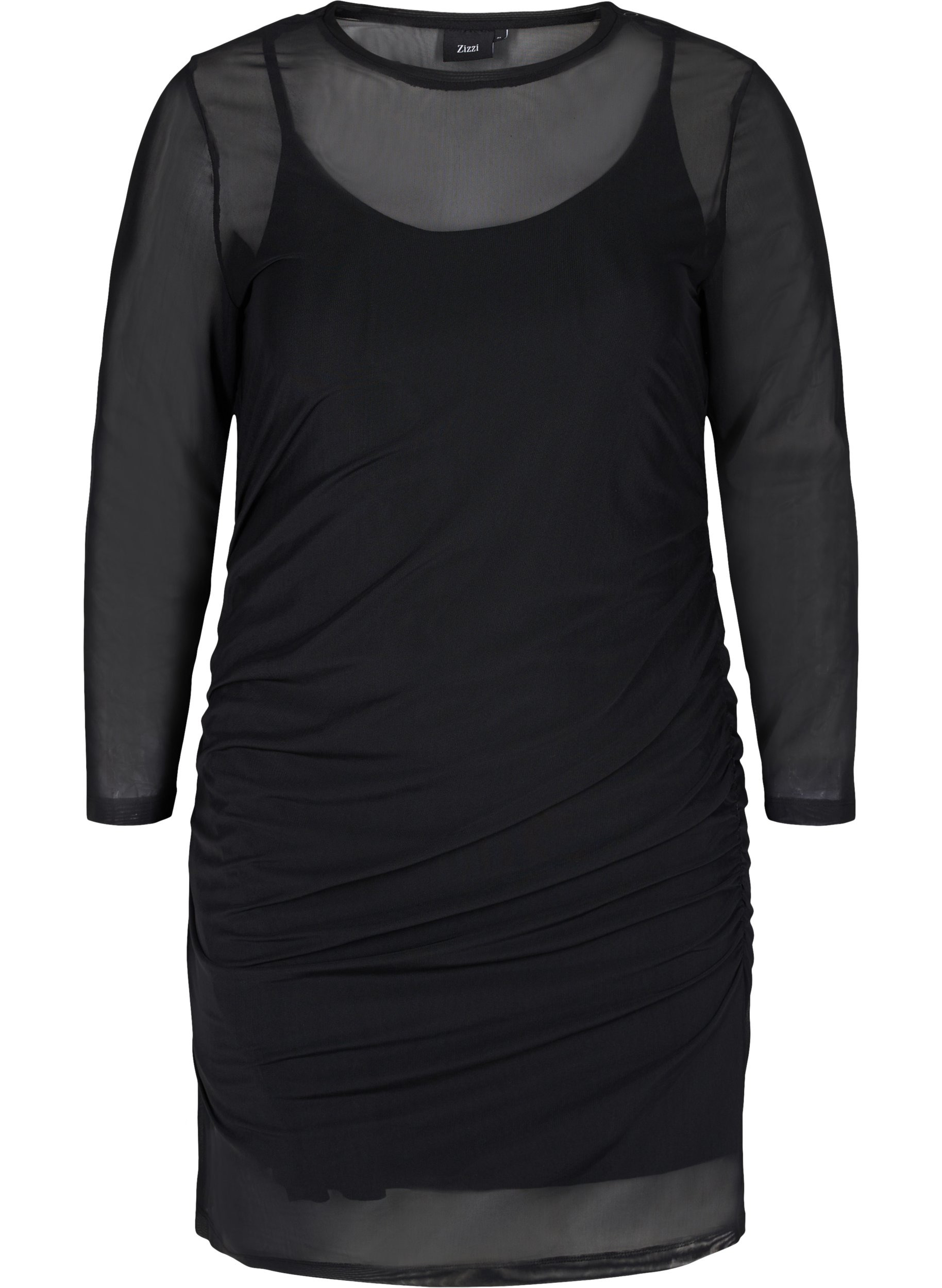 Close-fitting mesh dress with 3/4 sleeves, Black, Packshot image number 0