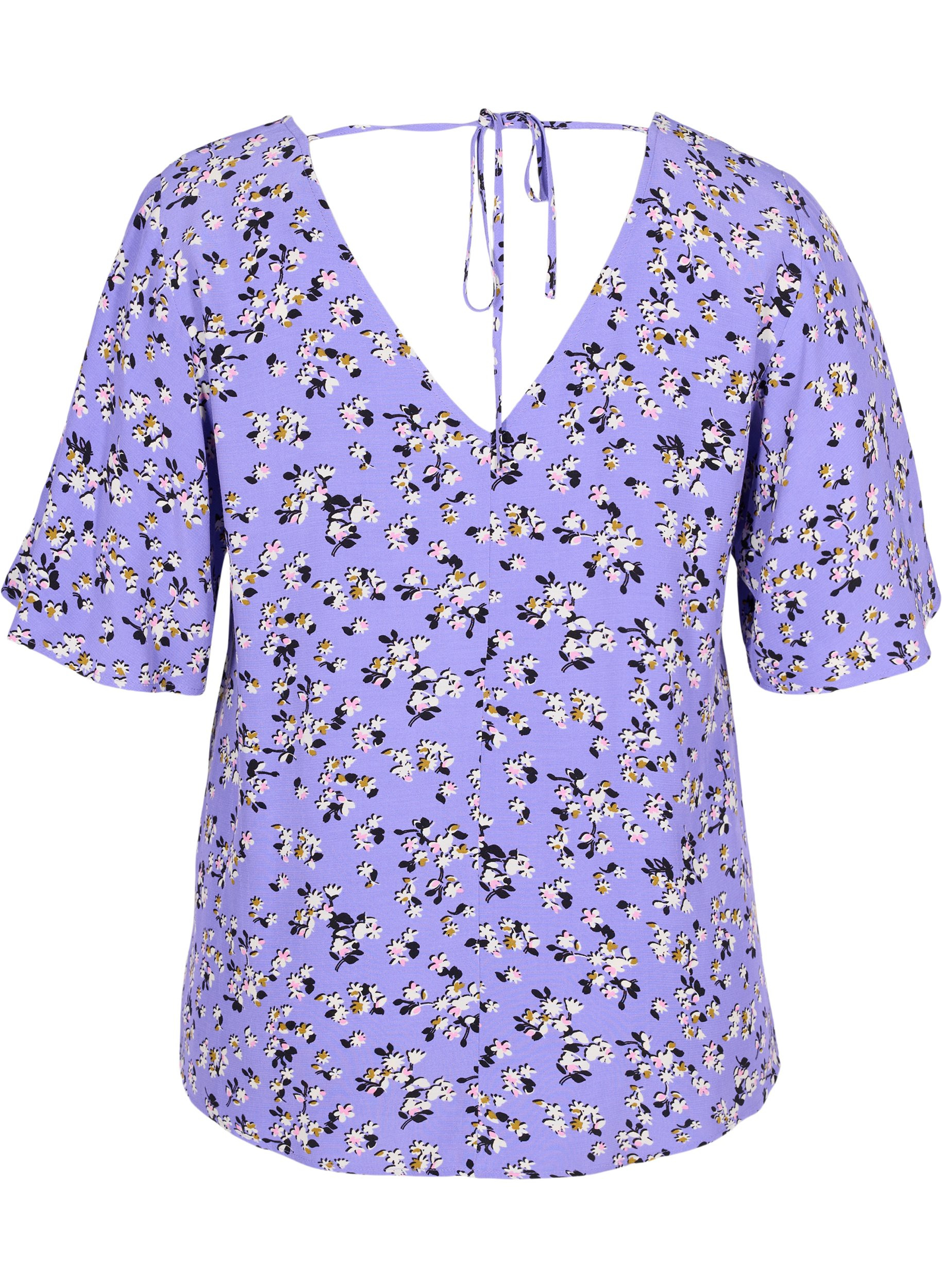 Floral viscose blouse with snow detail, Lilac Flower Print, Packshot image number 1