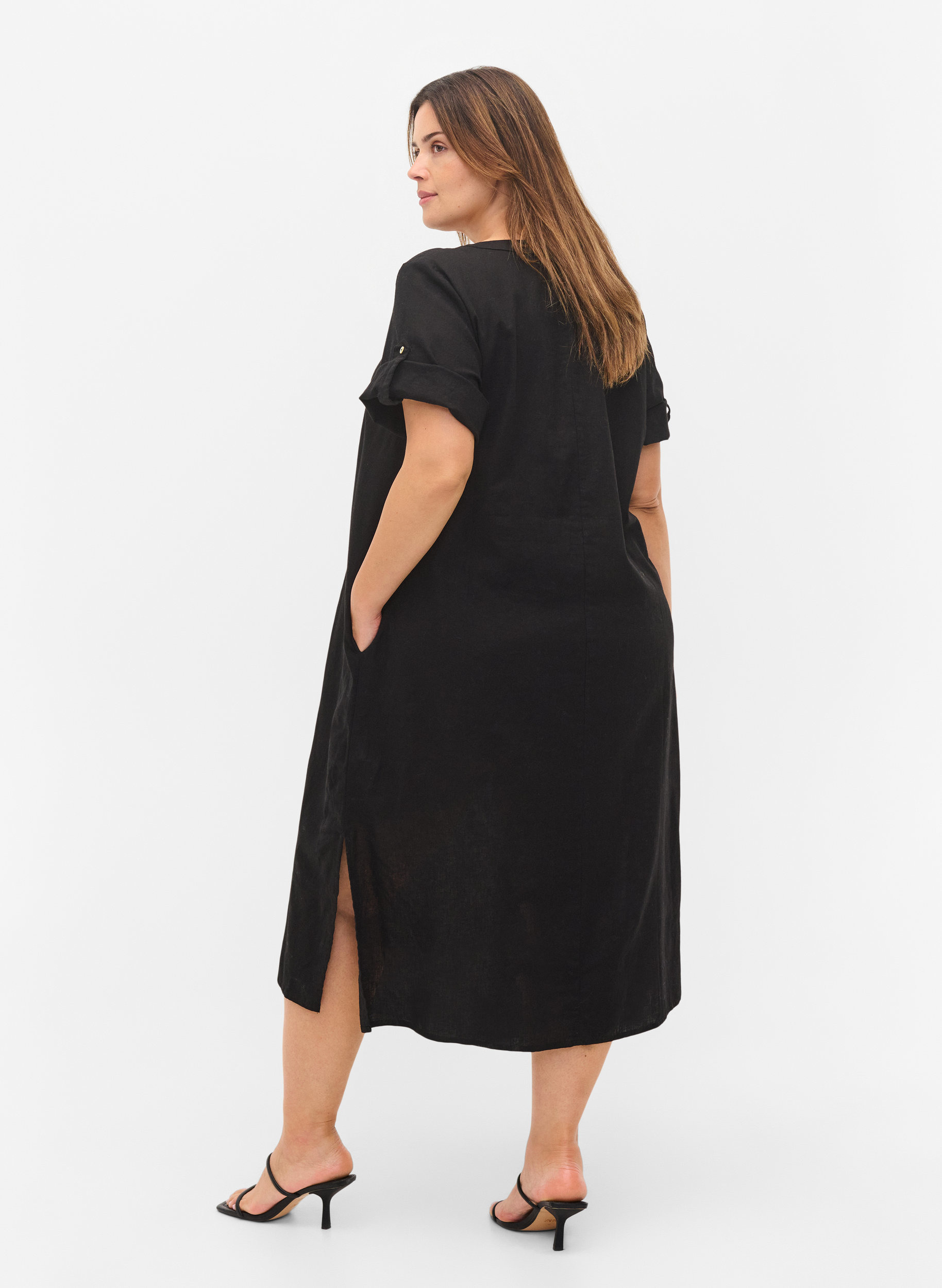 Long short-sleeved shirt dress, Black, Model image number 1