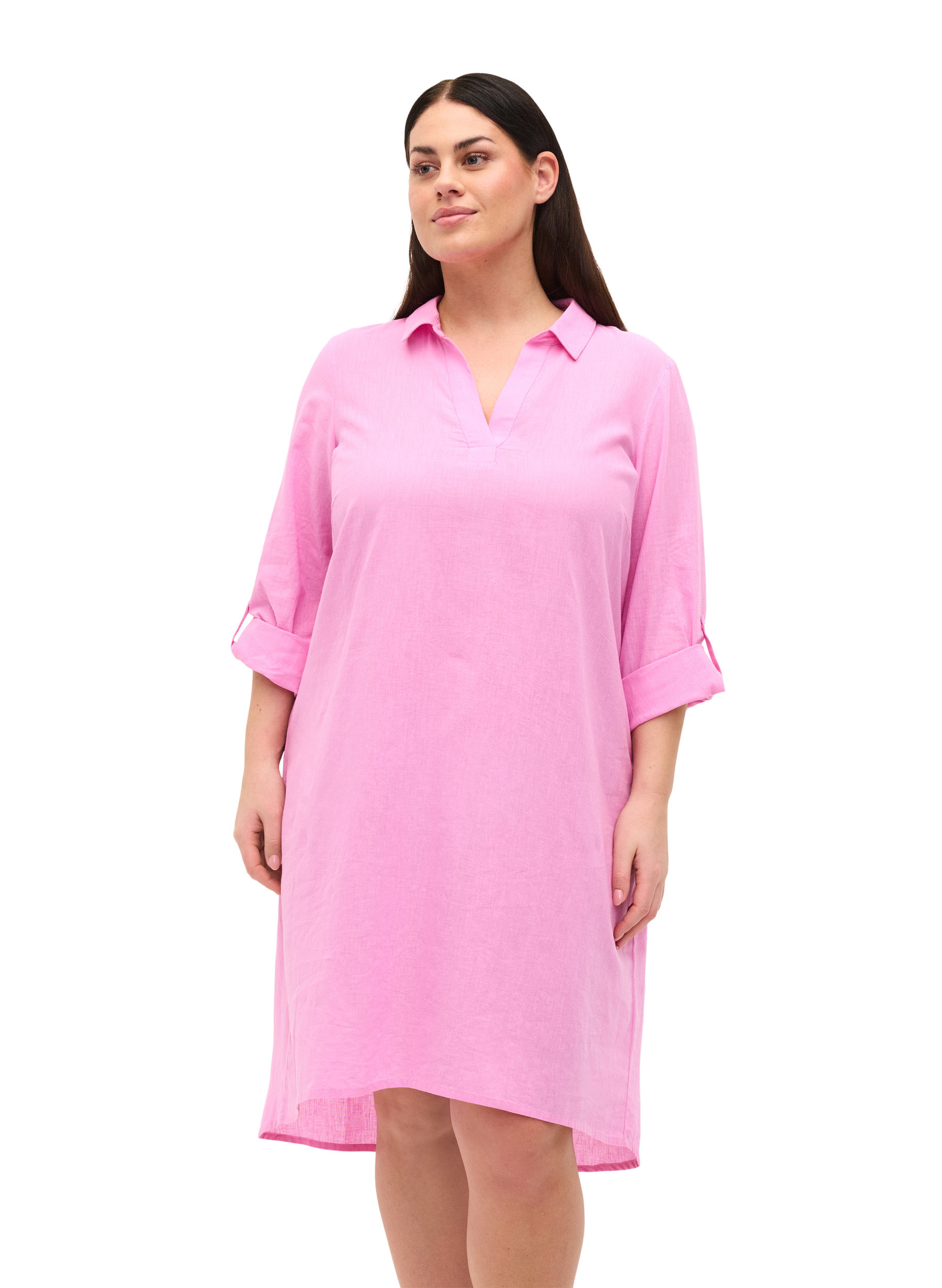 Dress with V neckline and collar, Begonia Pink, Model