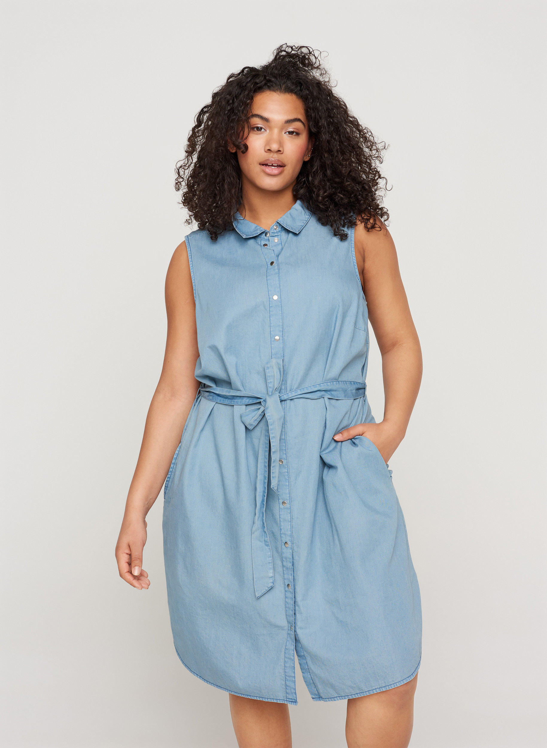 Denim shirt dress with tie belt - Blue 