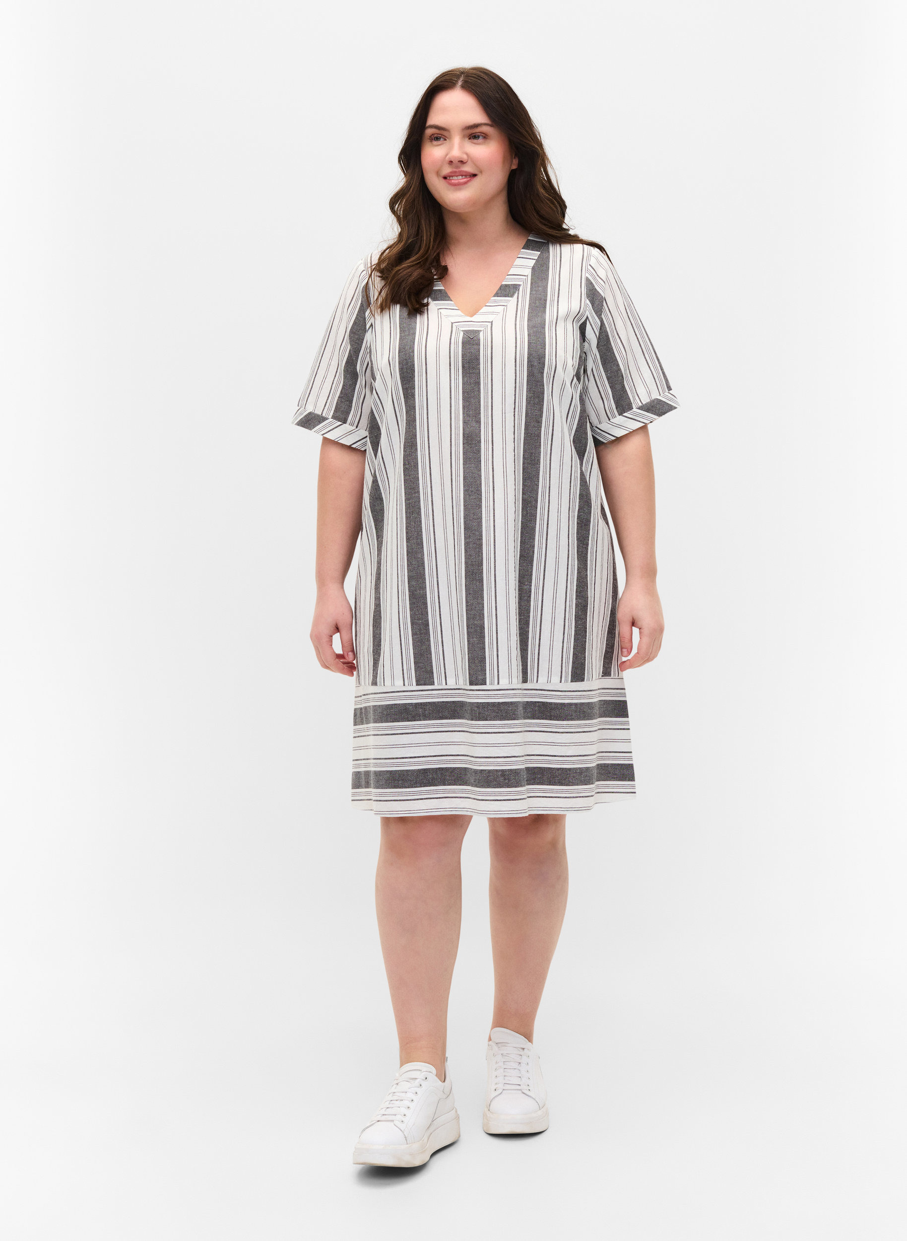 Striped cotton dress with short sleeves, Black Stripe, Model image number 2
