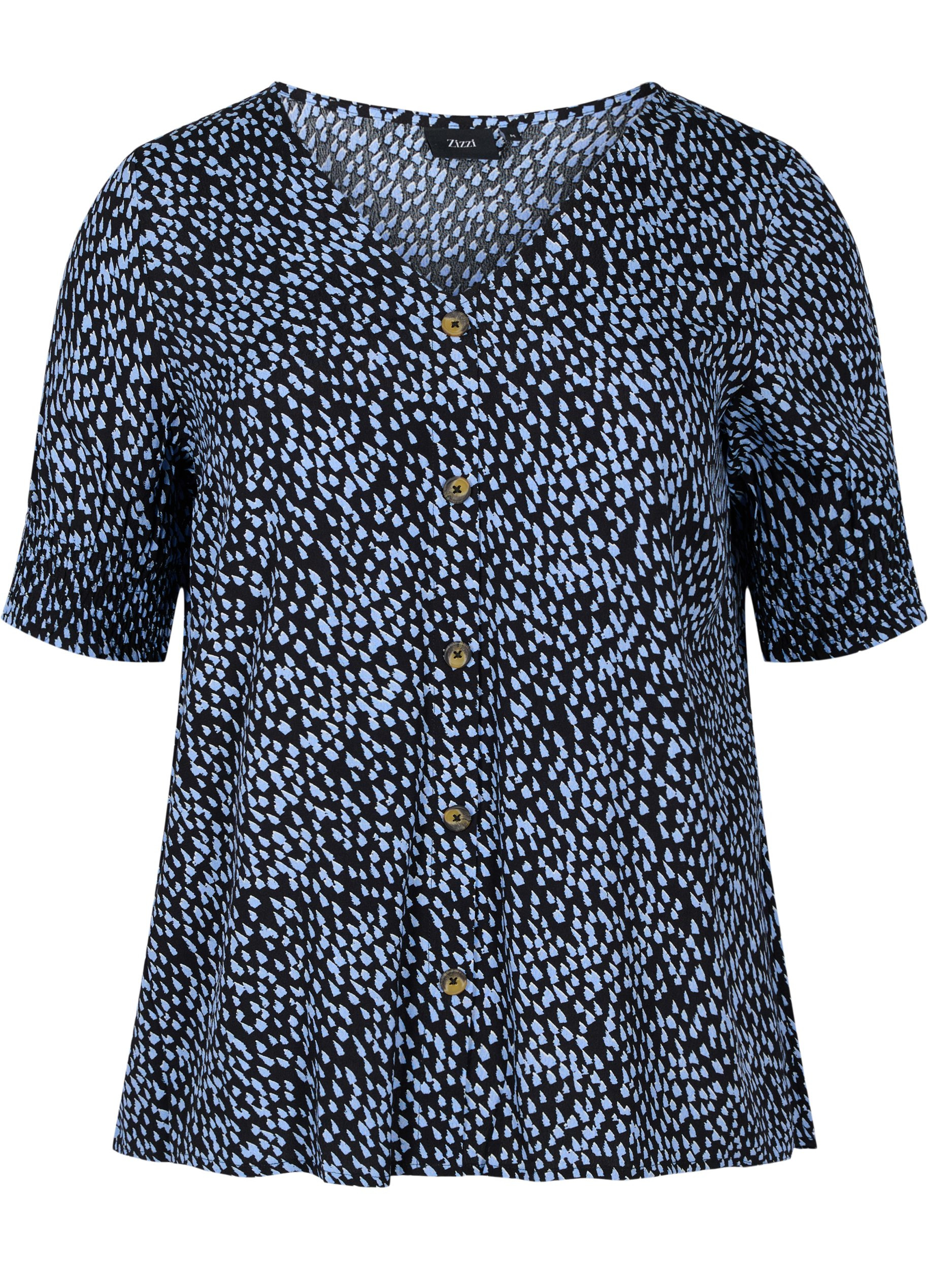 Printed viscose blouse with buttons, Blue Dot, Packshot image number 0