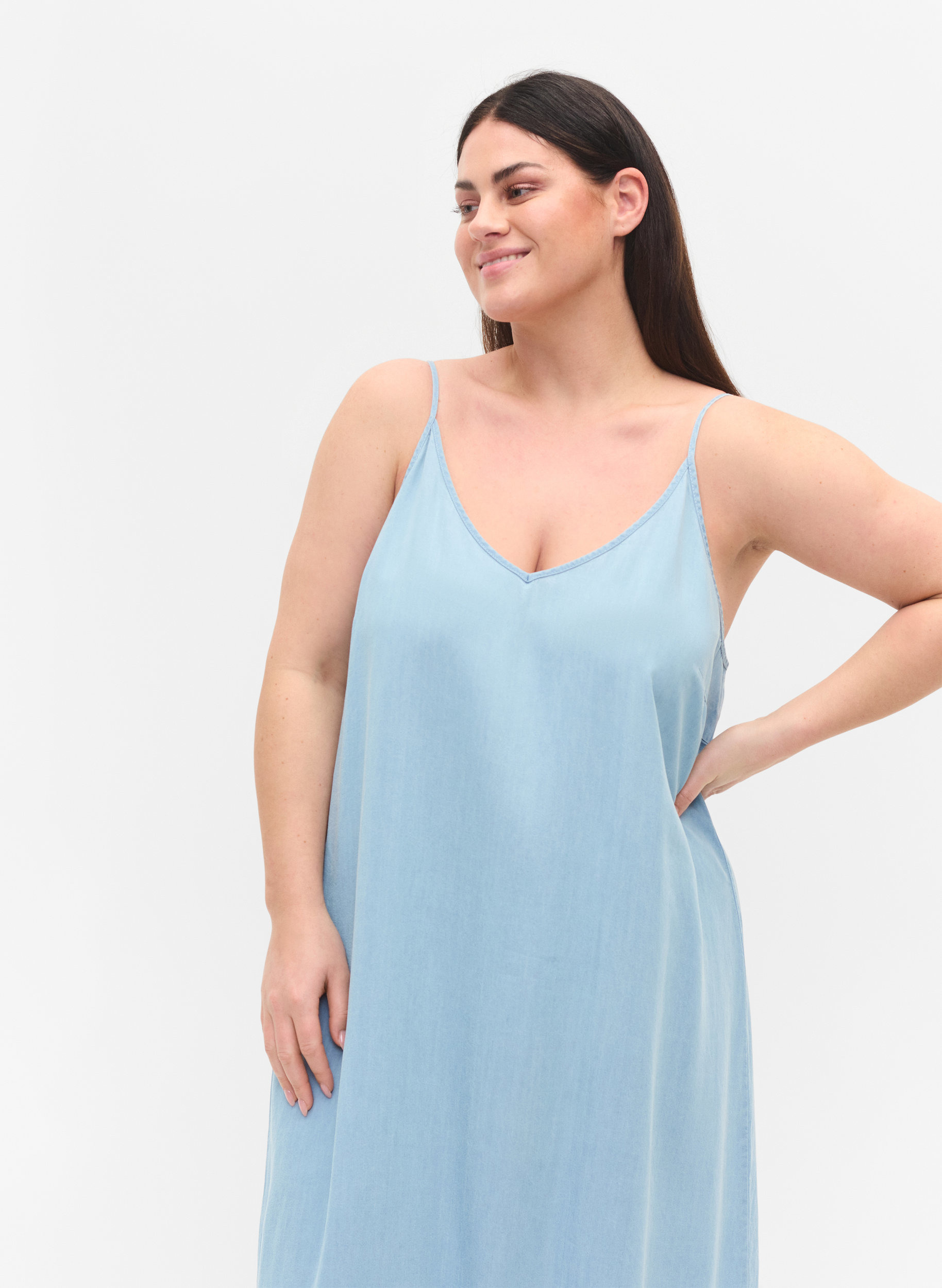 Long denim dress with thin straps 