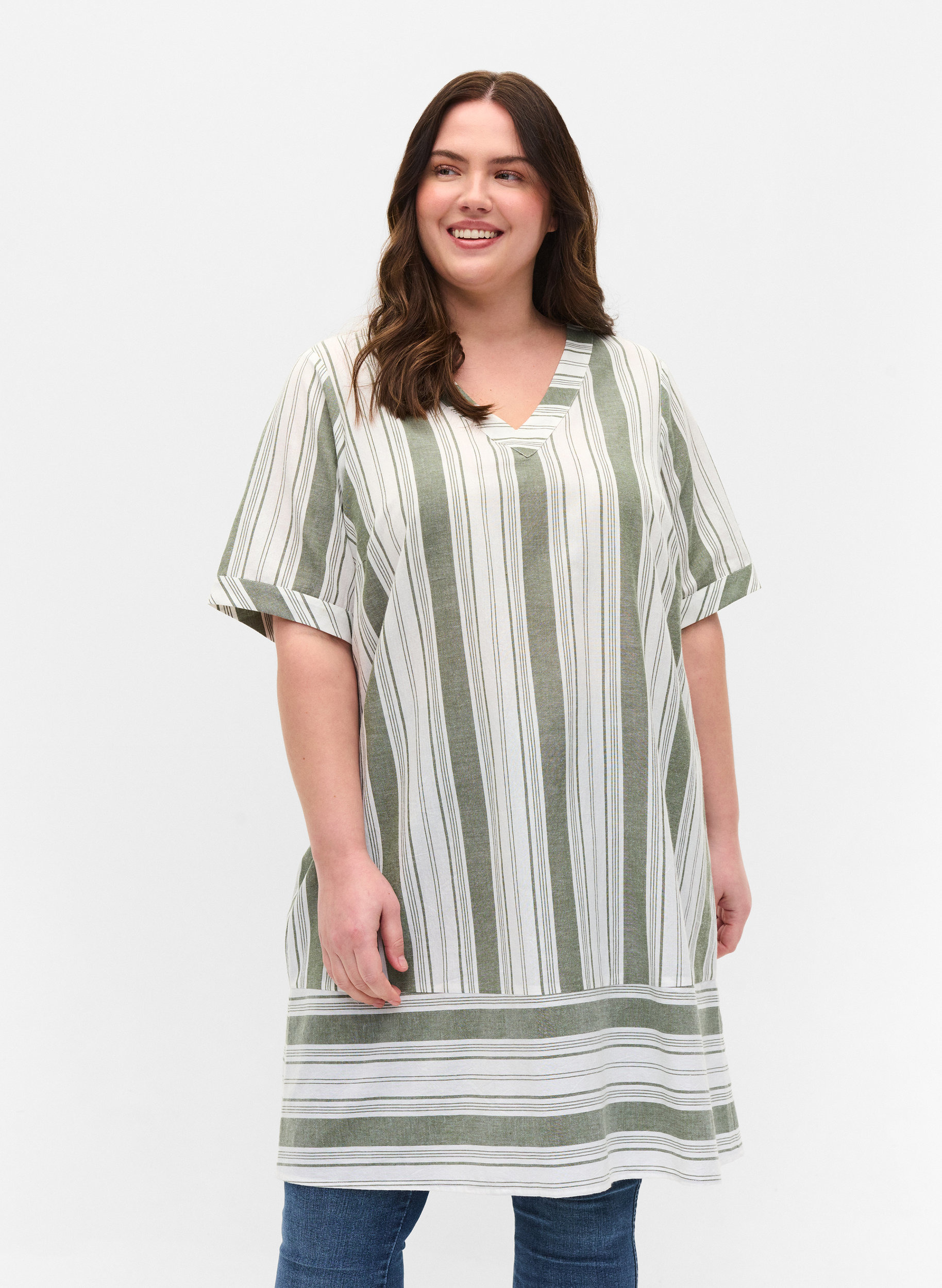 Striped cotton dress with short sleeves, Thyme Stripe, Model