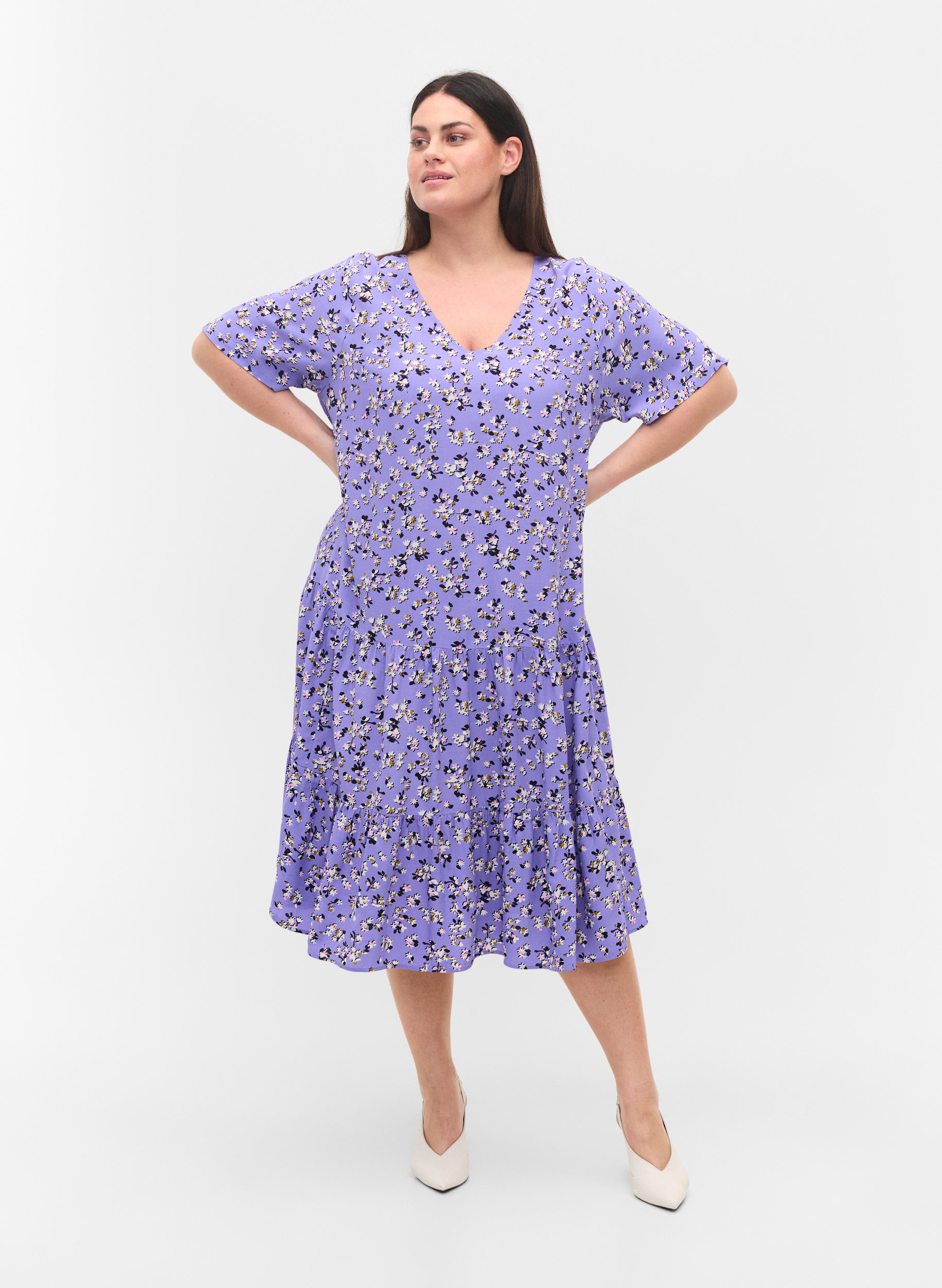 Short sleeved viscose midi dress with floral print, Lilac Flower Print, Model image number 2