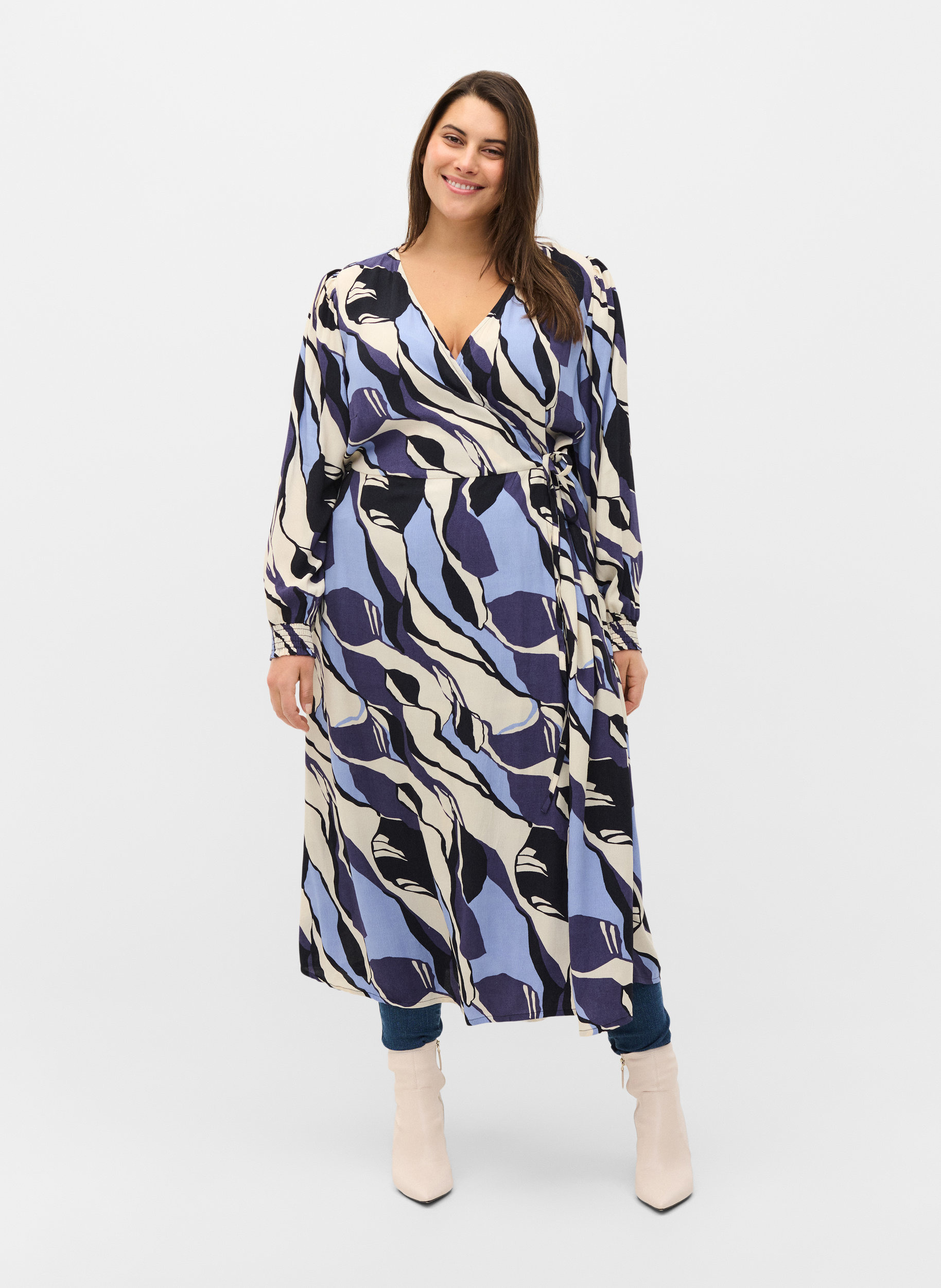 Printed midi dress with wrap, Blue Abstract AOP, Model image number 3