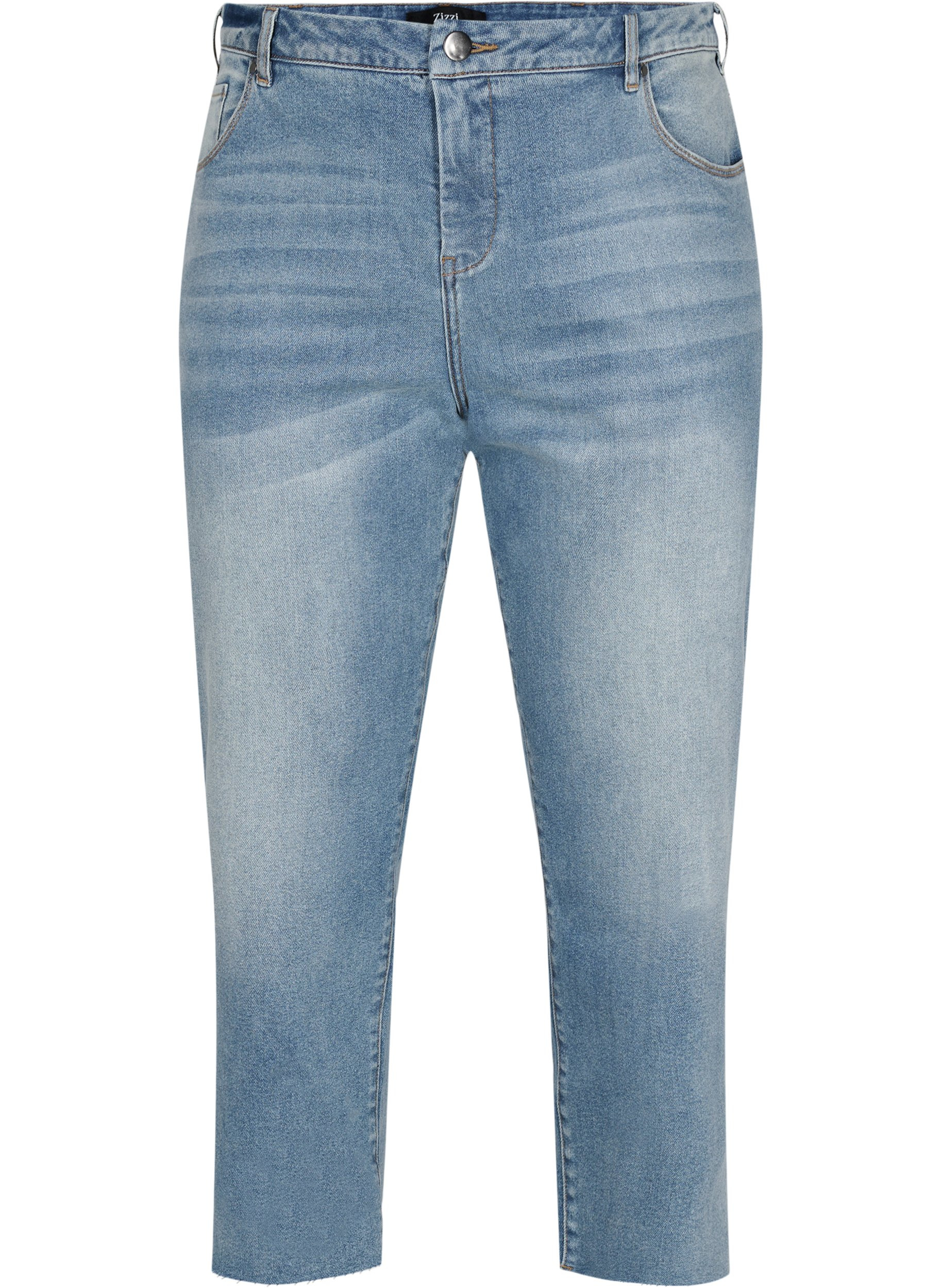 7/8 jeans with raw hems and high waist, Light blue denim