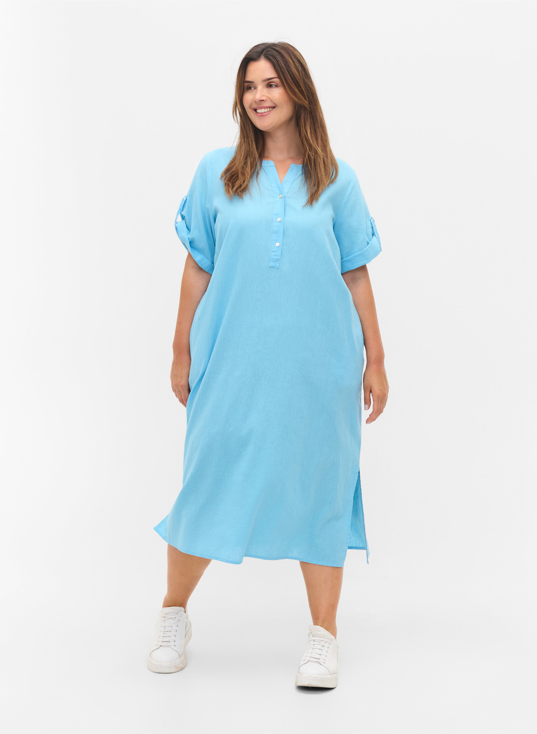 Long short-sleeved shirt dress, Alaskan Blue, Model image number 2