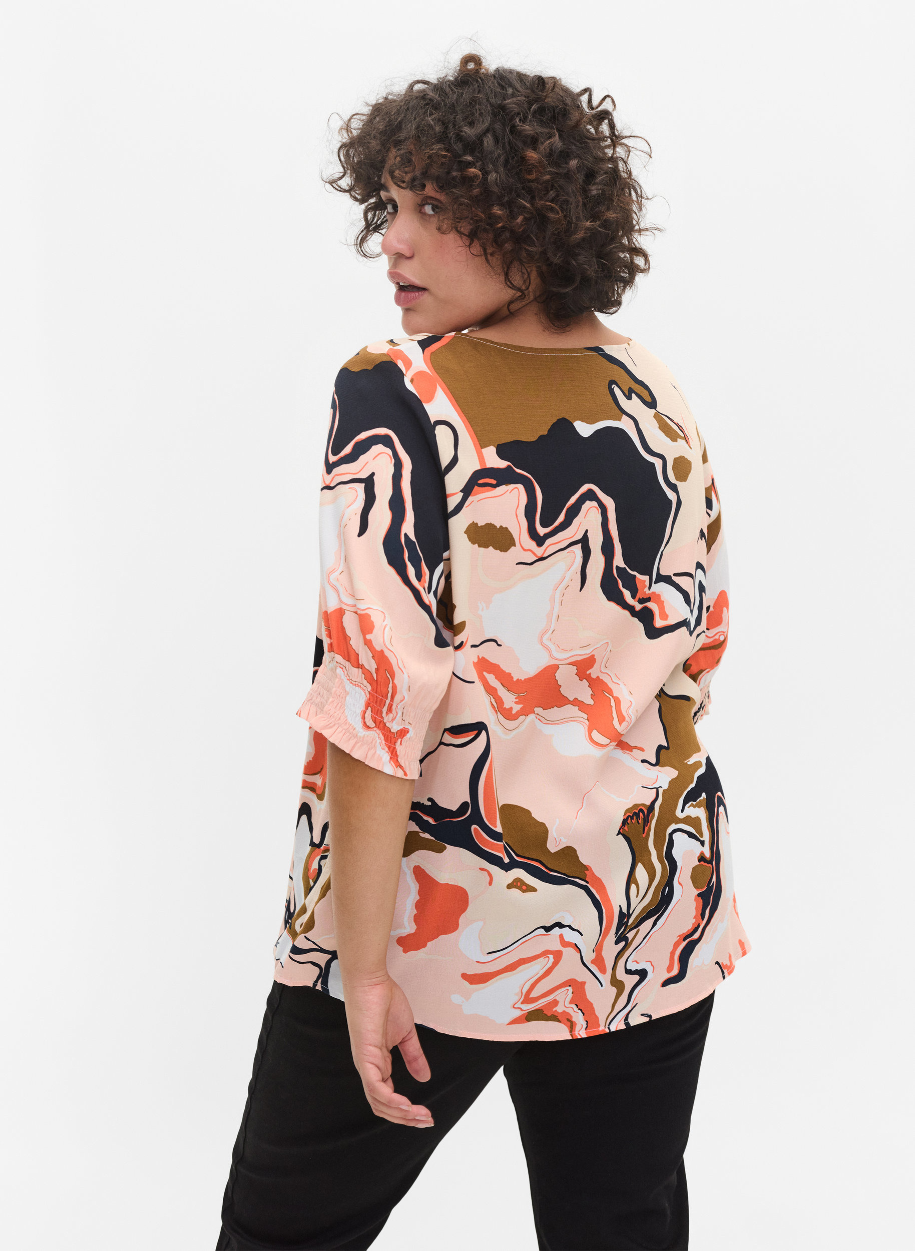 Printed viscose blouse with buttons, Abstract AOP, Model image number 1