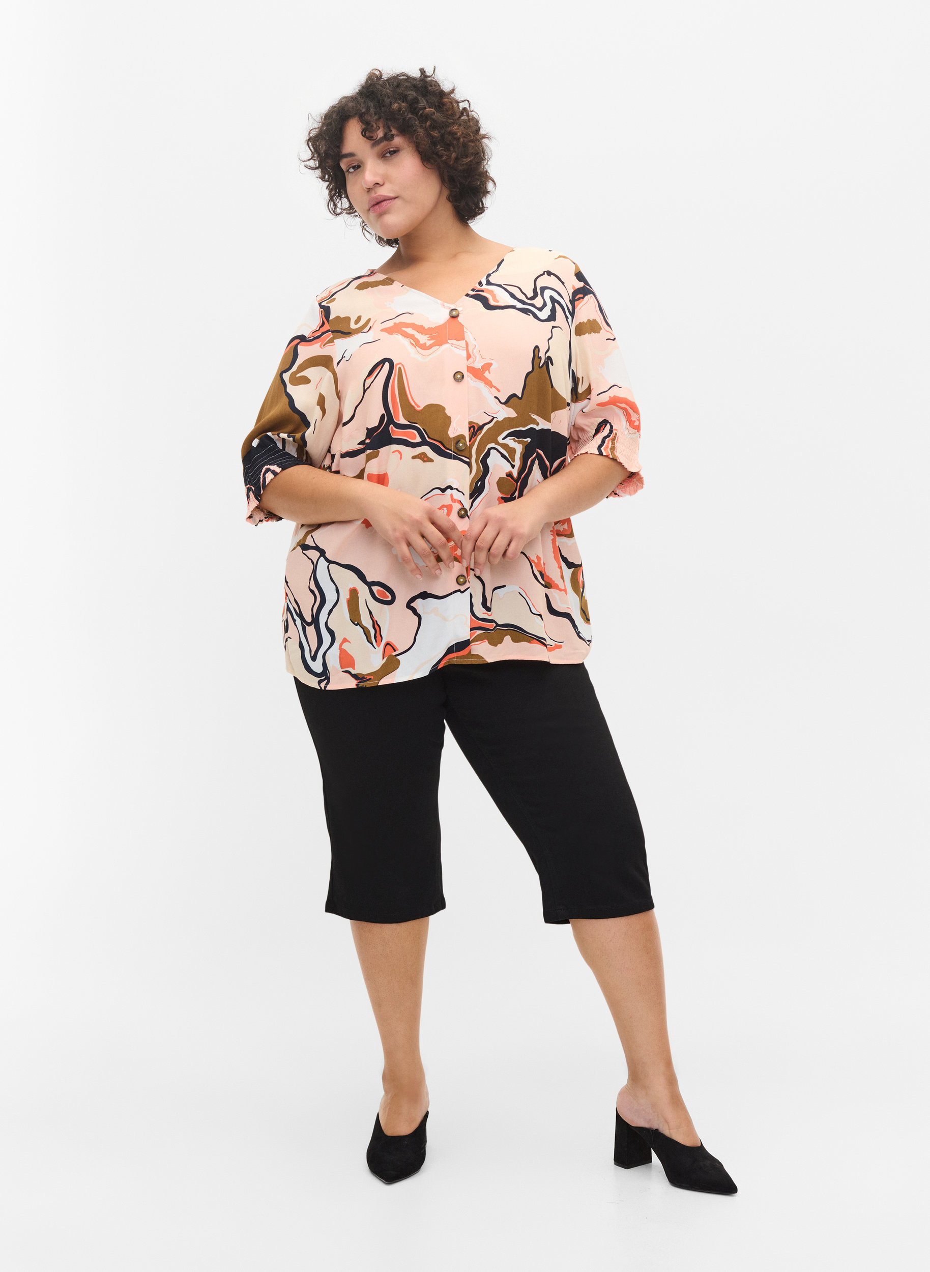 Printed viscose blouse with buttons, Abstract AOP, Model image number 2