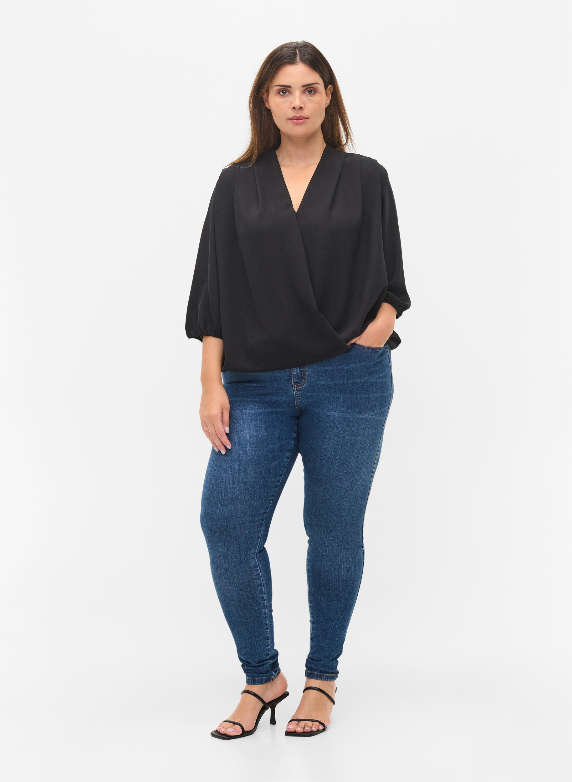 Wrap look blouse with v-neck and 3/4 sleeves, Black, Model image number 2