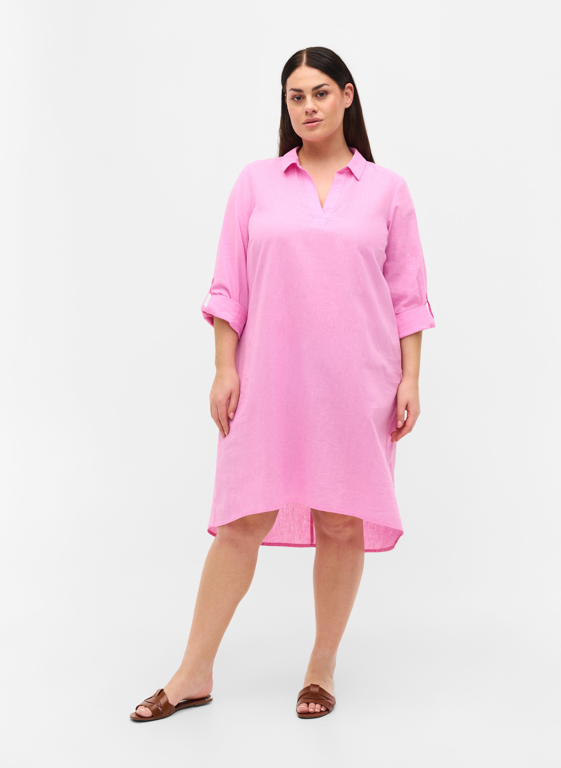 Dress with V neckline and collar, Begonia Pink, Model image number 2