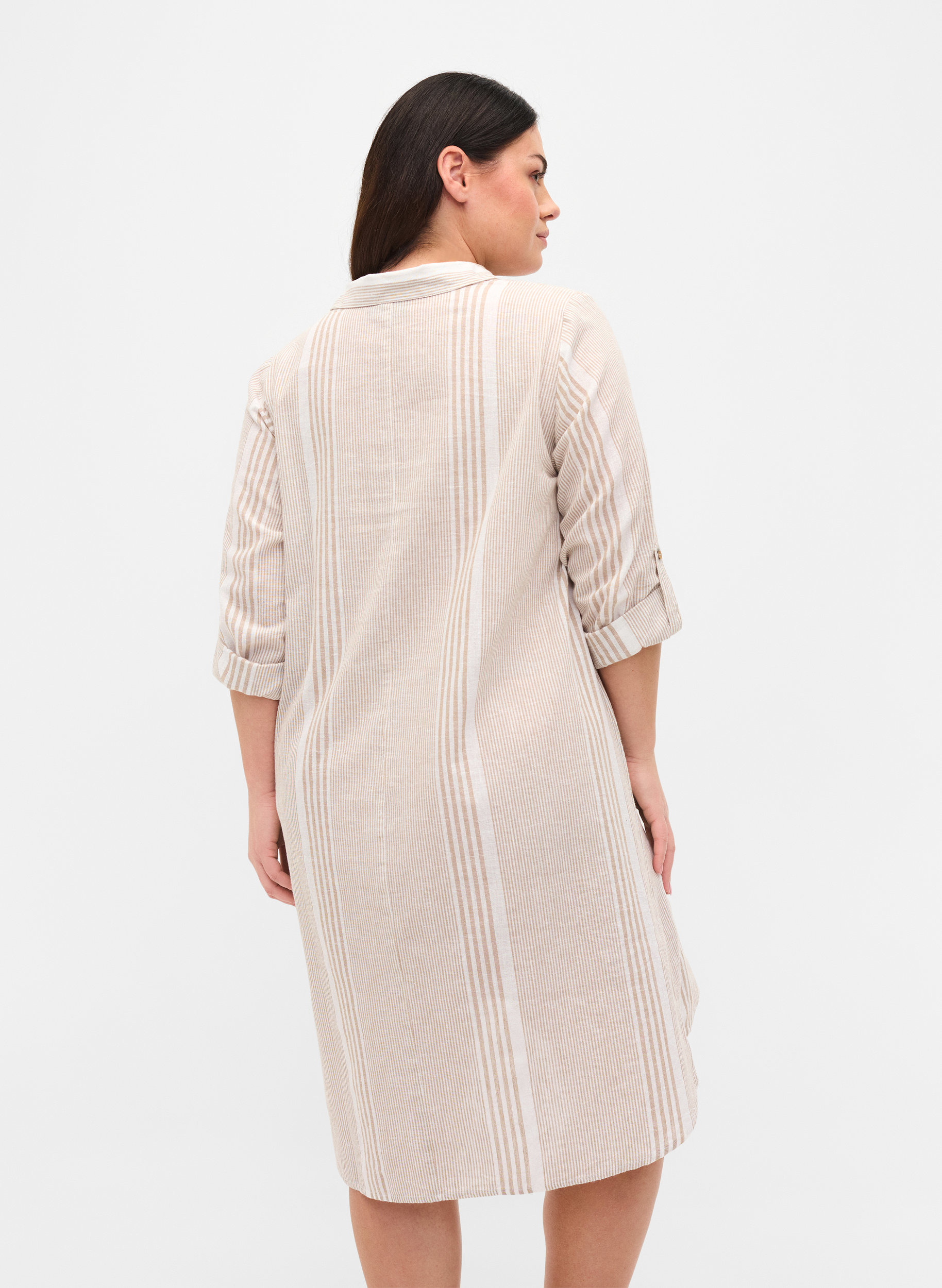 Dress with V neckline and collar, White Taupe Stripe, Model