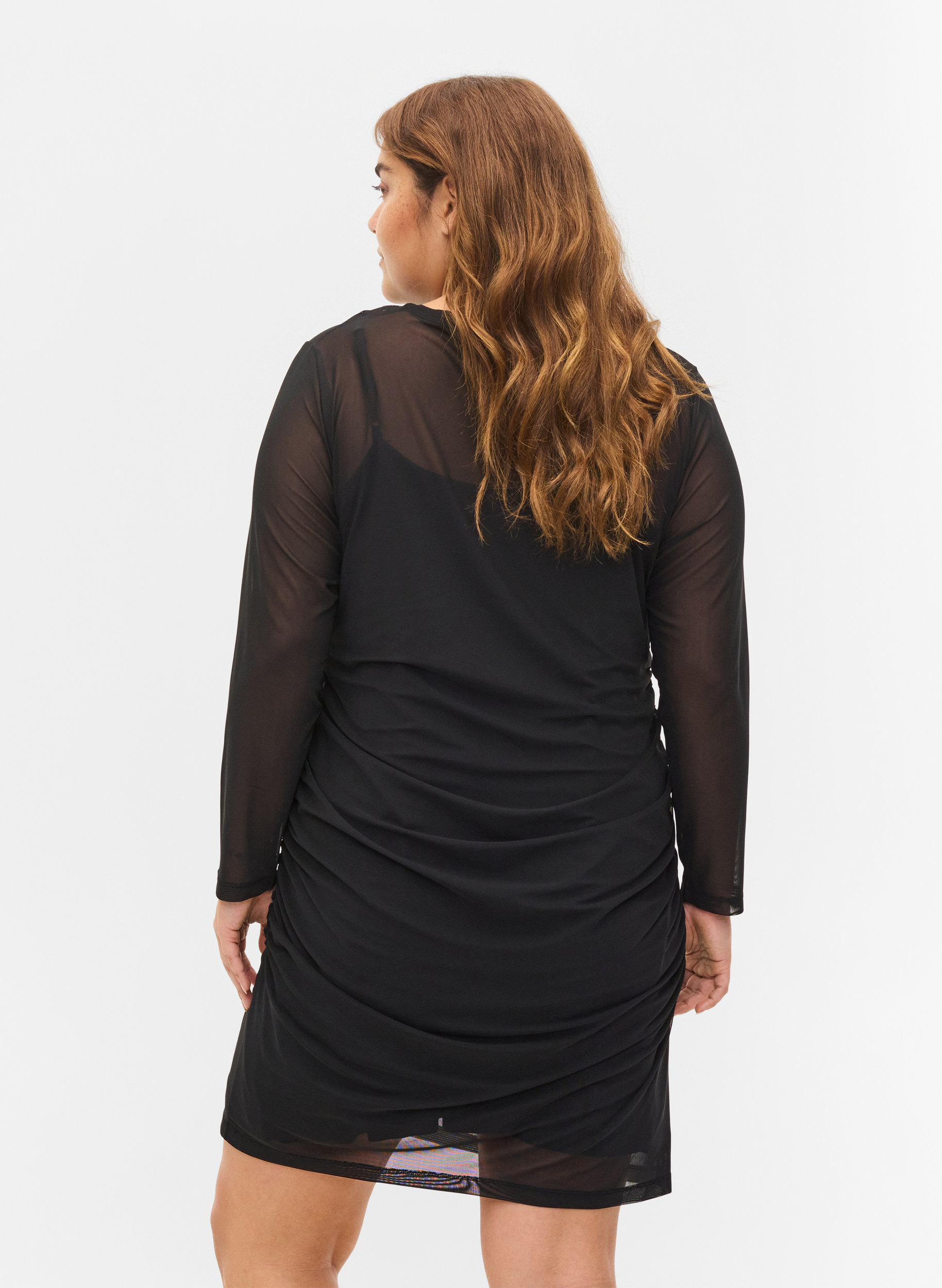 Close-fitting mesh dress with 3/4 sleeves, Black, Model image number 1