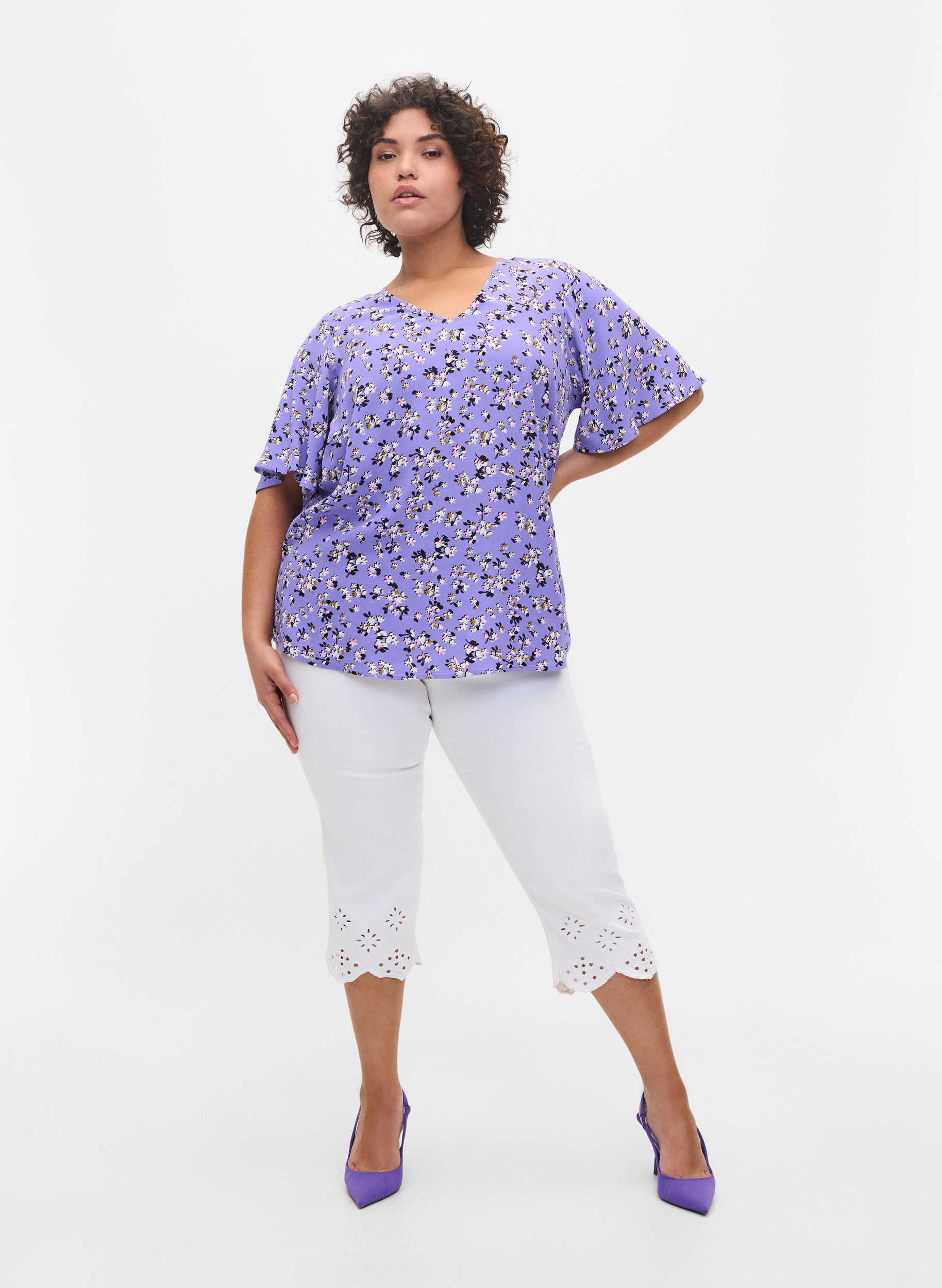Floral viscose blouse with snow detail, Lilac Flower Print, Model image number 3