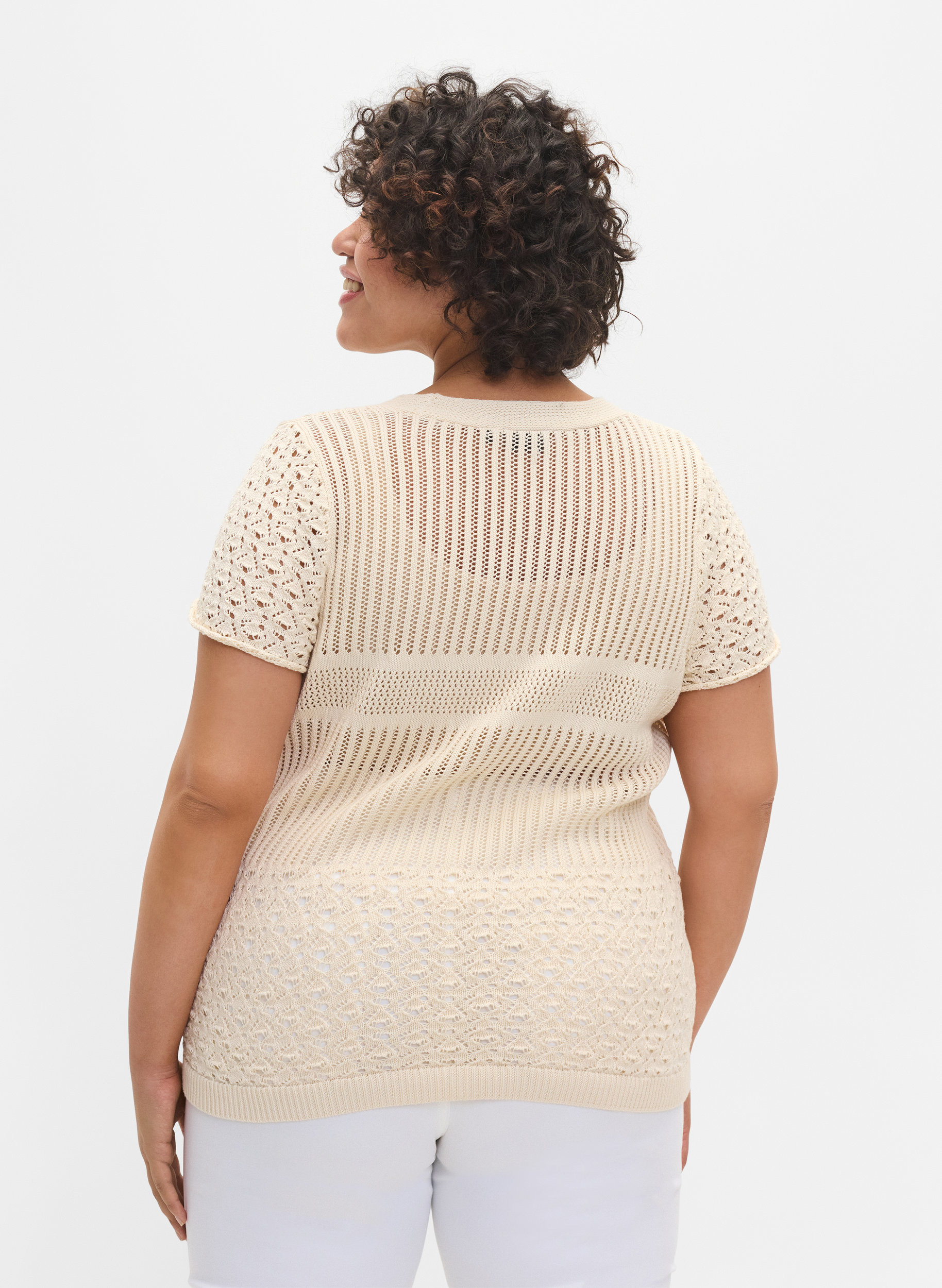 Short-sleeved knit cardigan with buttons, Warm Off-white, Model image number 1