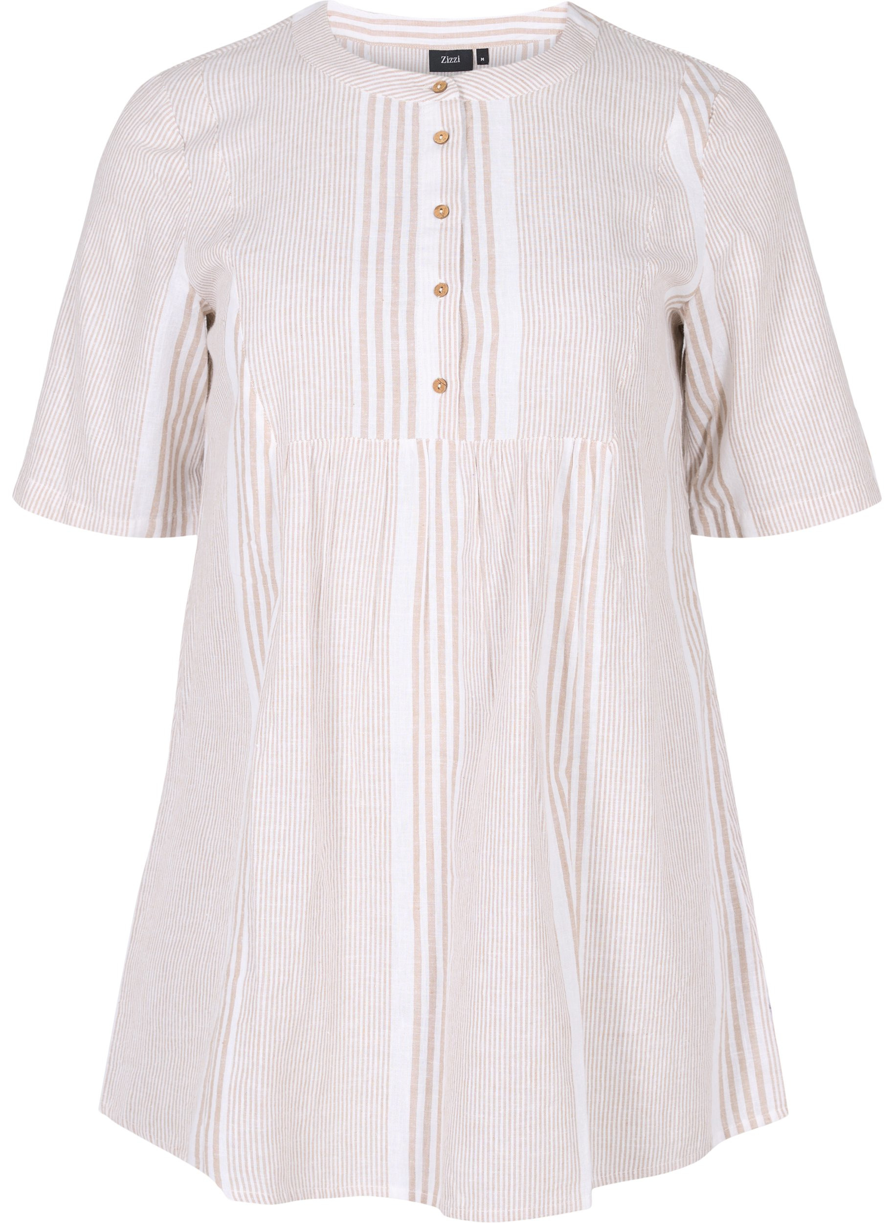 Short-sleeved tunic with buttons, White Taupe Stripe, Packshot