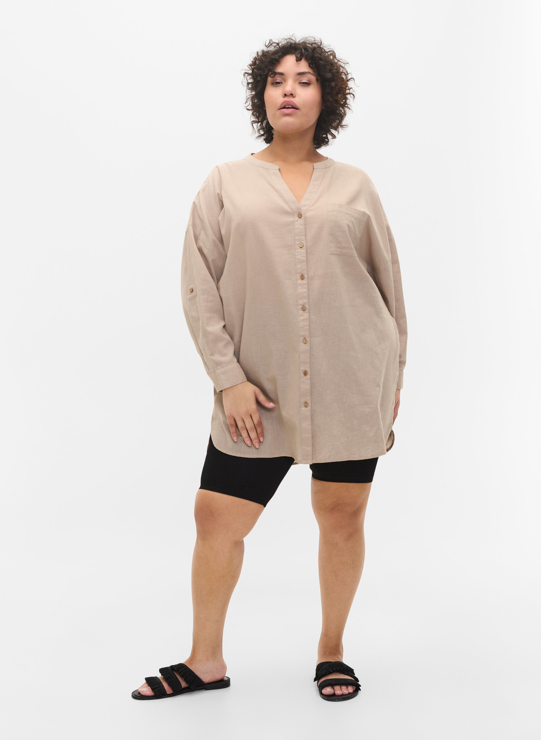 Blouse with 3/4-length sleeves and button closure, Simply Taupe, Model image number 2