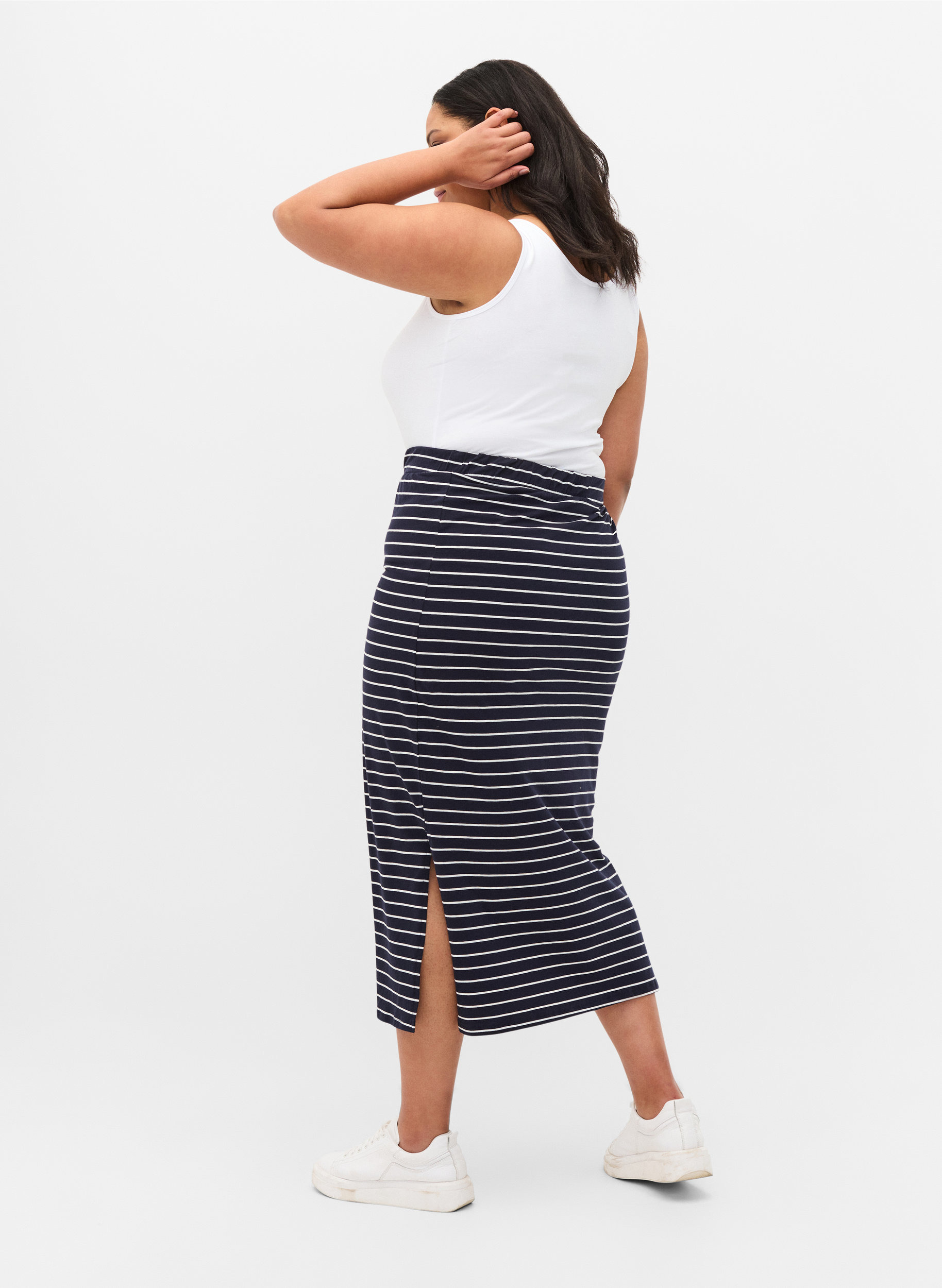 Long striped cotton skirt with slit, Blue Stripe, Model image number 1