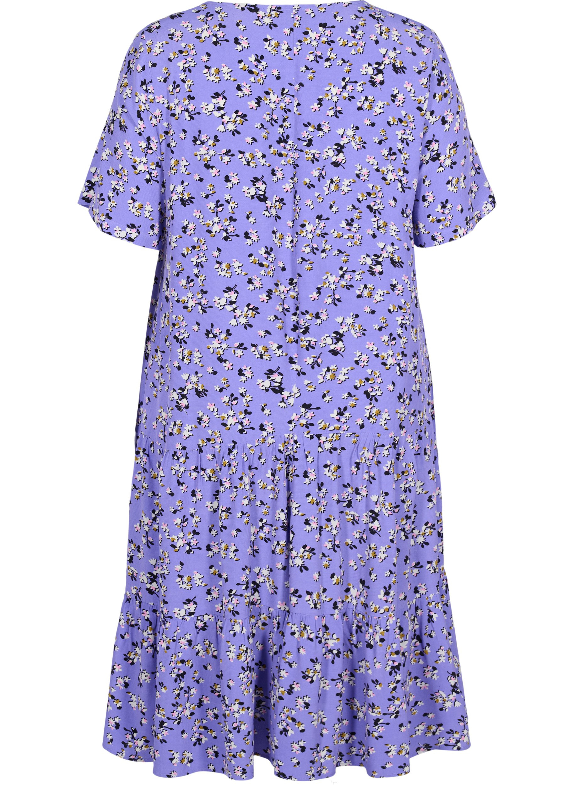 Short sleeved viscose midi dress with floral print, Lilac Flower Print, Packshot image number 1