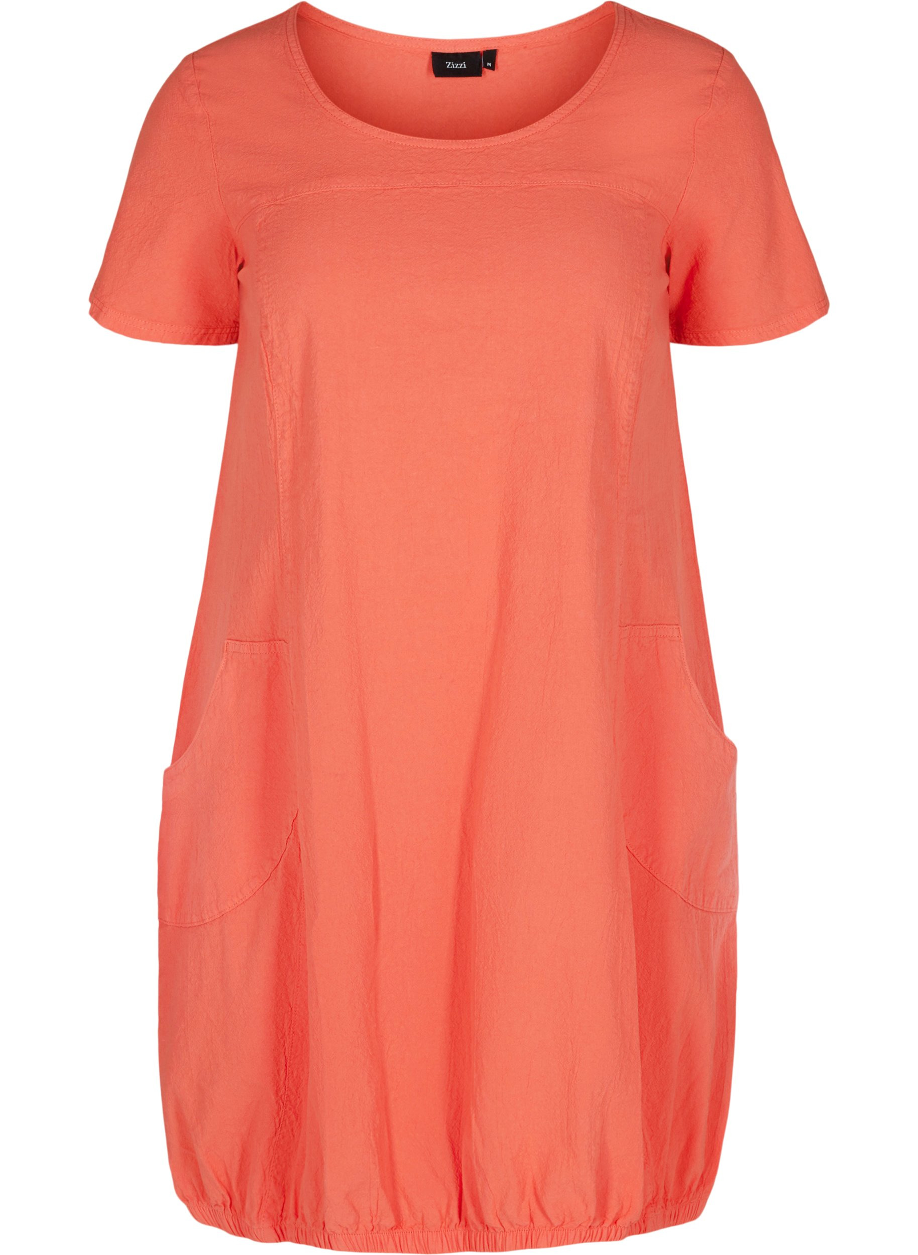 Short-sleeved cotton dress, Hot Coral