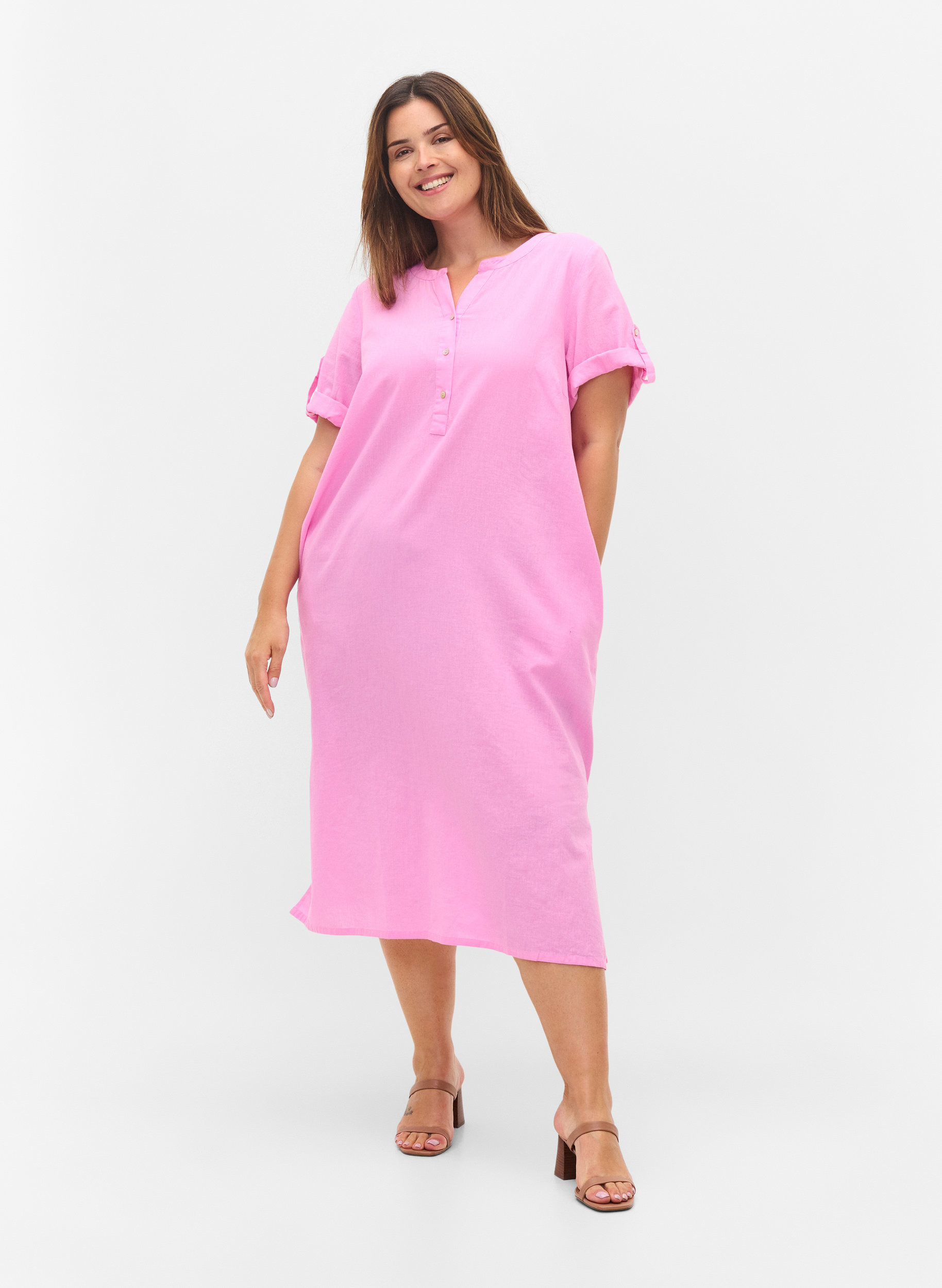 Long short-sleeved shirt dress, Begonia Pink, Model image number 2