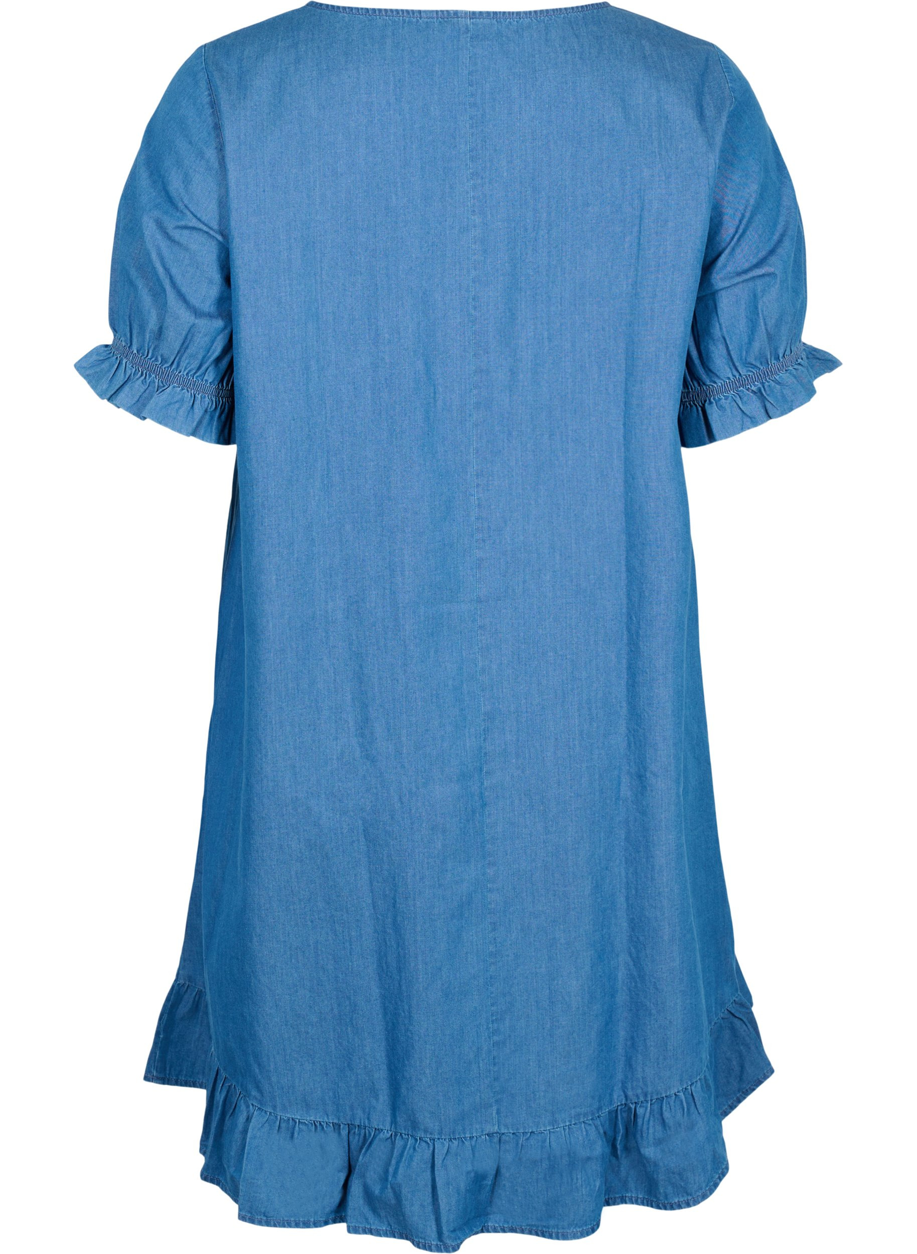 Short-sleeved denim dress in cotton, Blue denim, Packshot image number 1