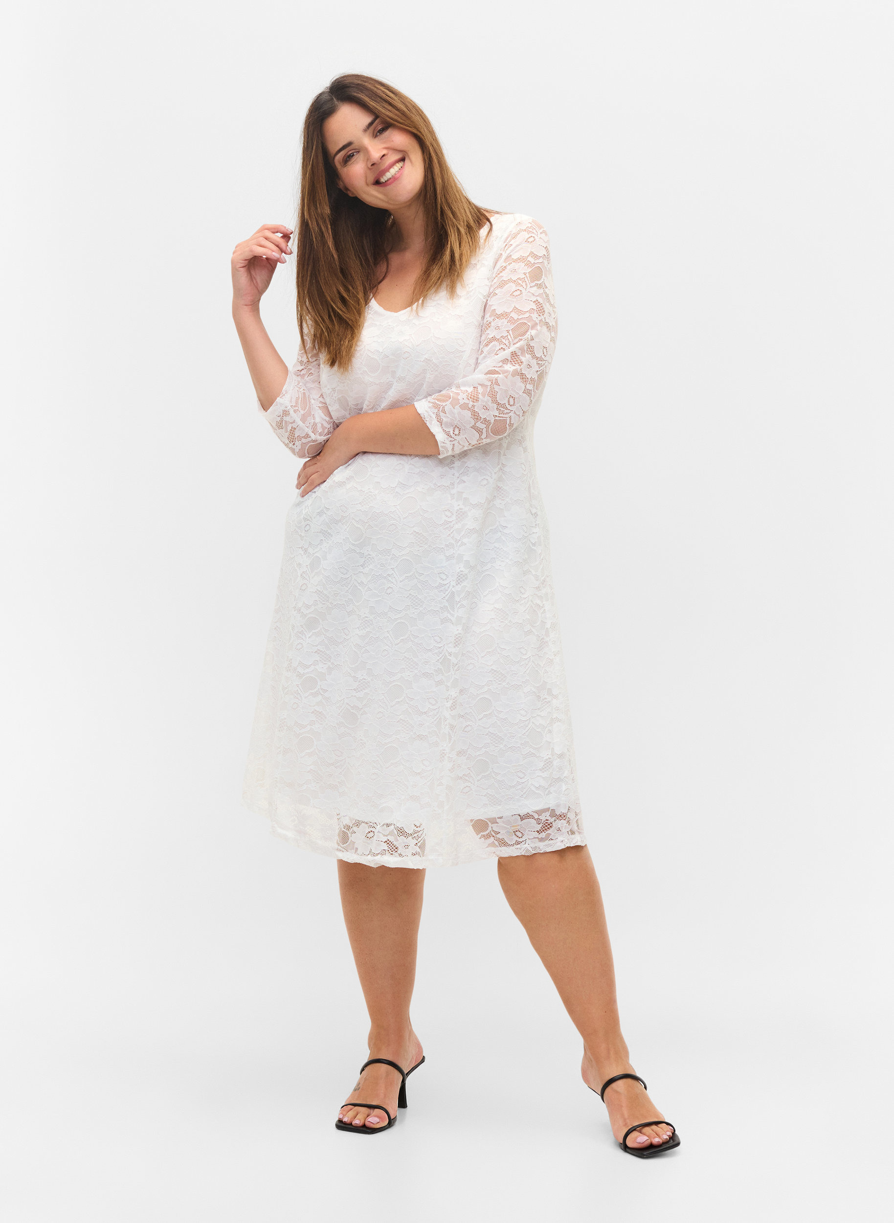 Lace dress with 3/4 sleeves, White, Model image number 3