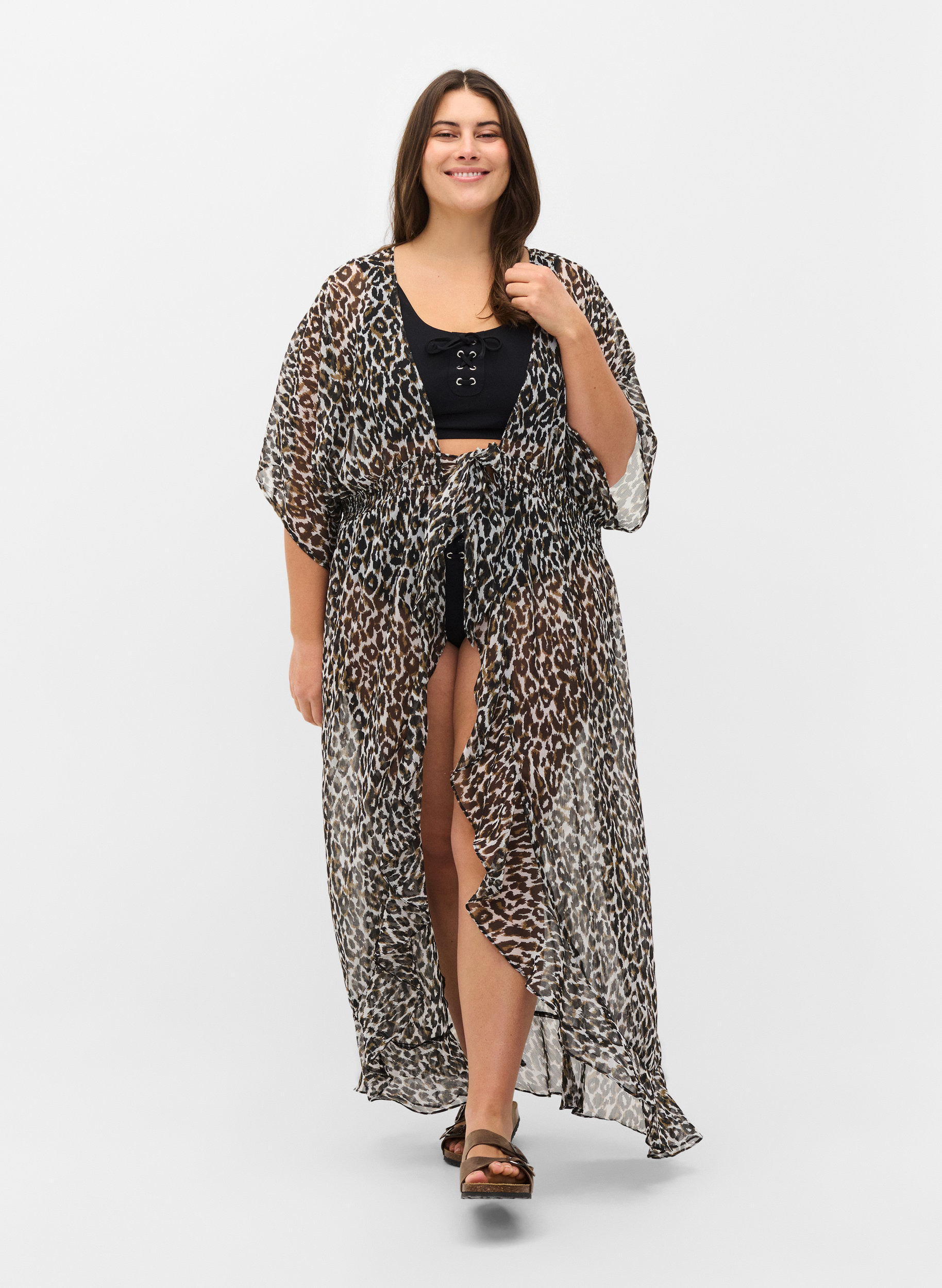 Beach kimono with print, Leopard Print, Model image number 2