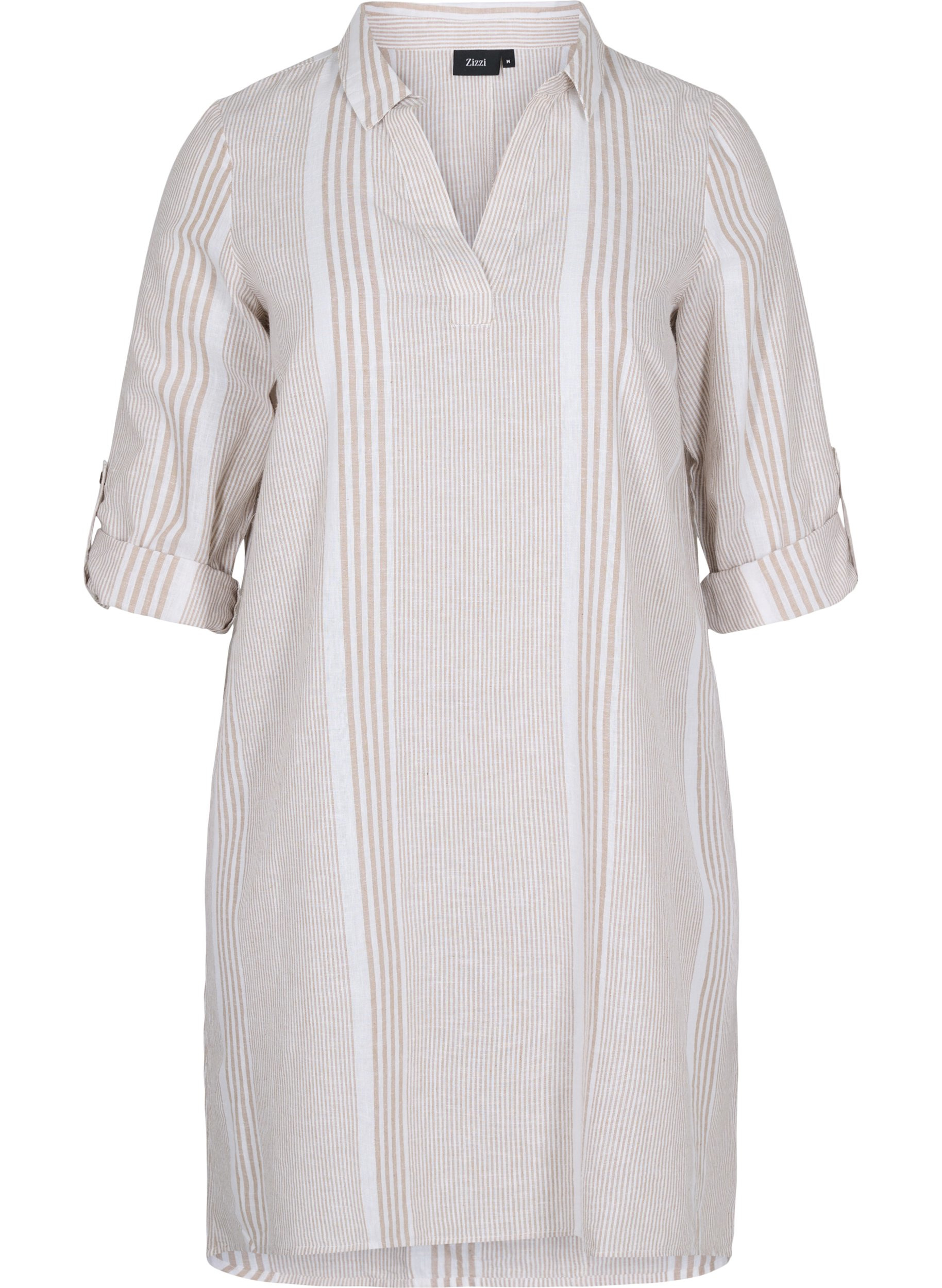 Dress with V neckline and collar, White Taupe Stripe, Packshot