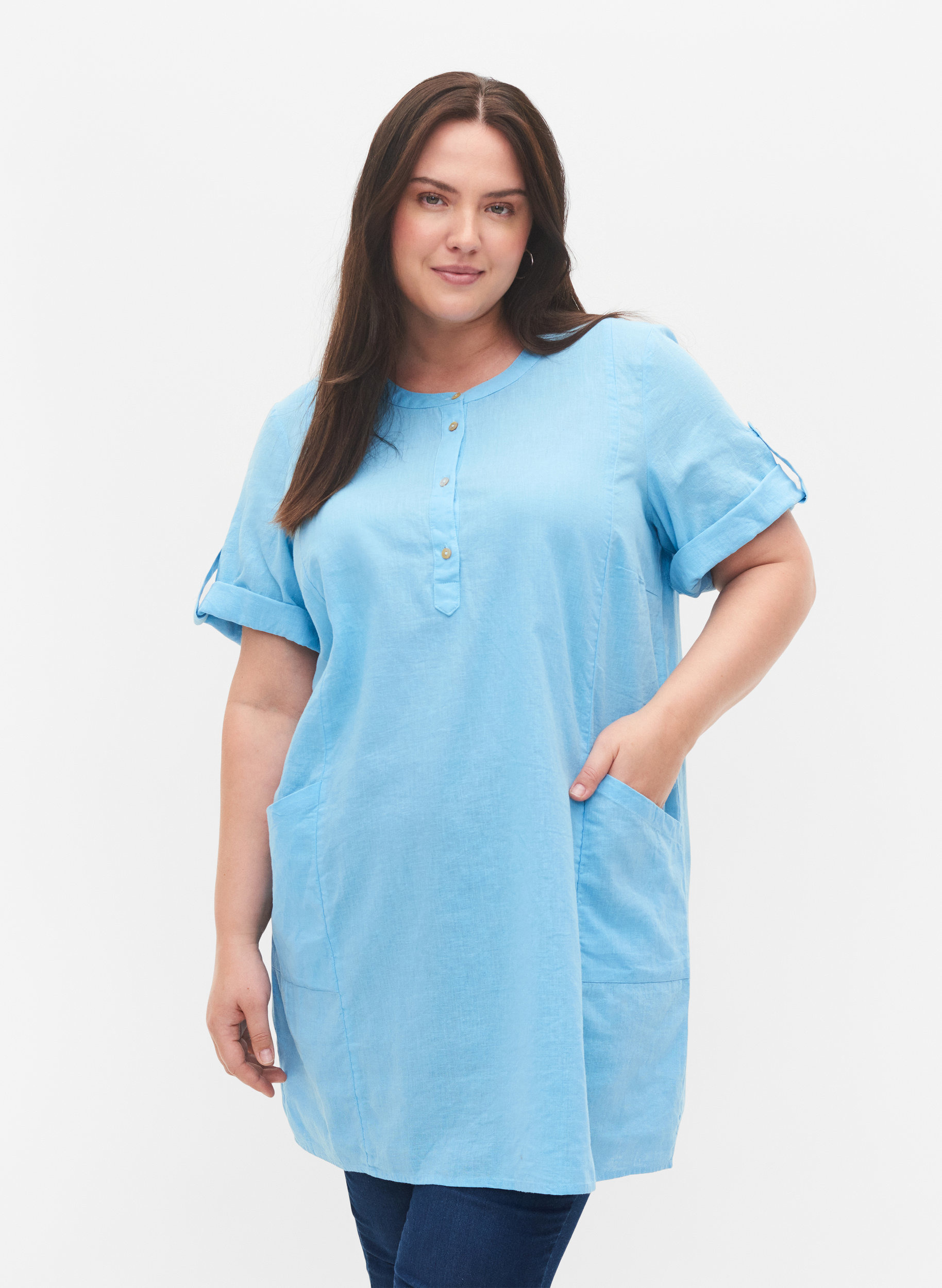 Short-sleeved cotton tunic with pockets 