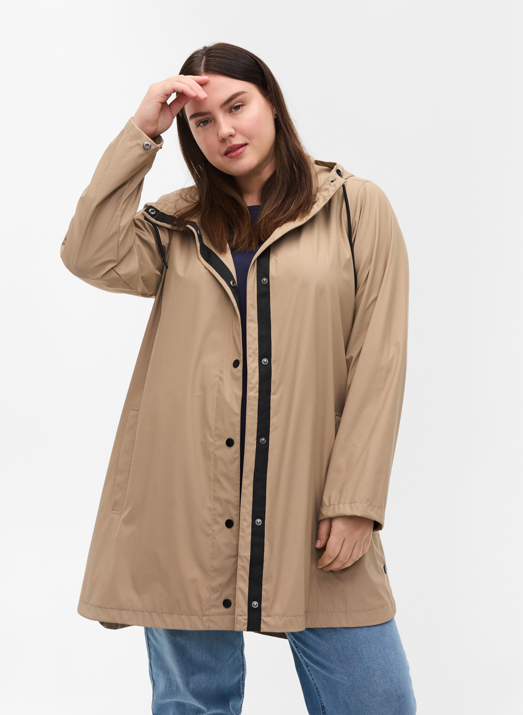 Rain coat with a hood and pockets, Silver Mink, Model image number 0