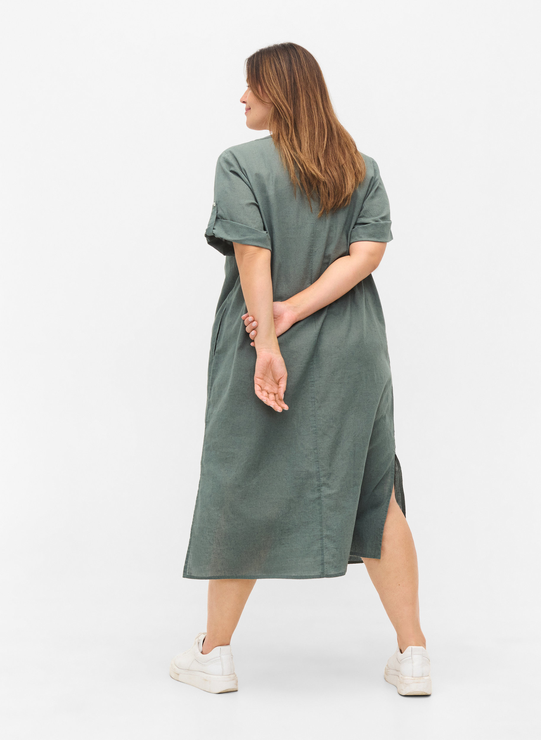 Long short-sleeved shirt dress, Balsam Green, Model image number 1